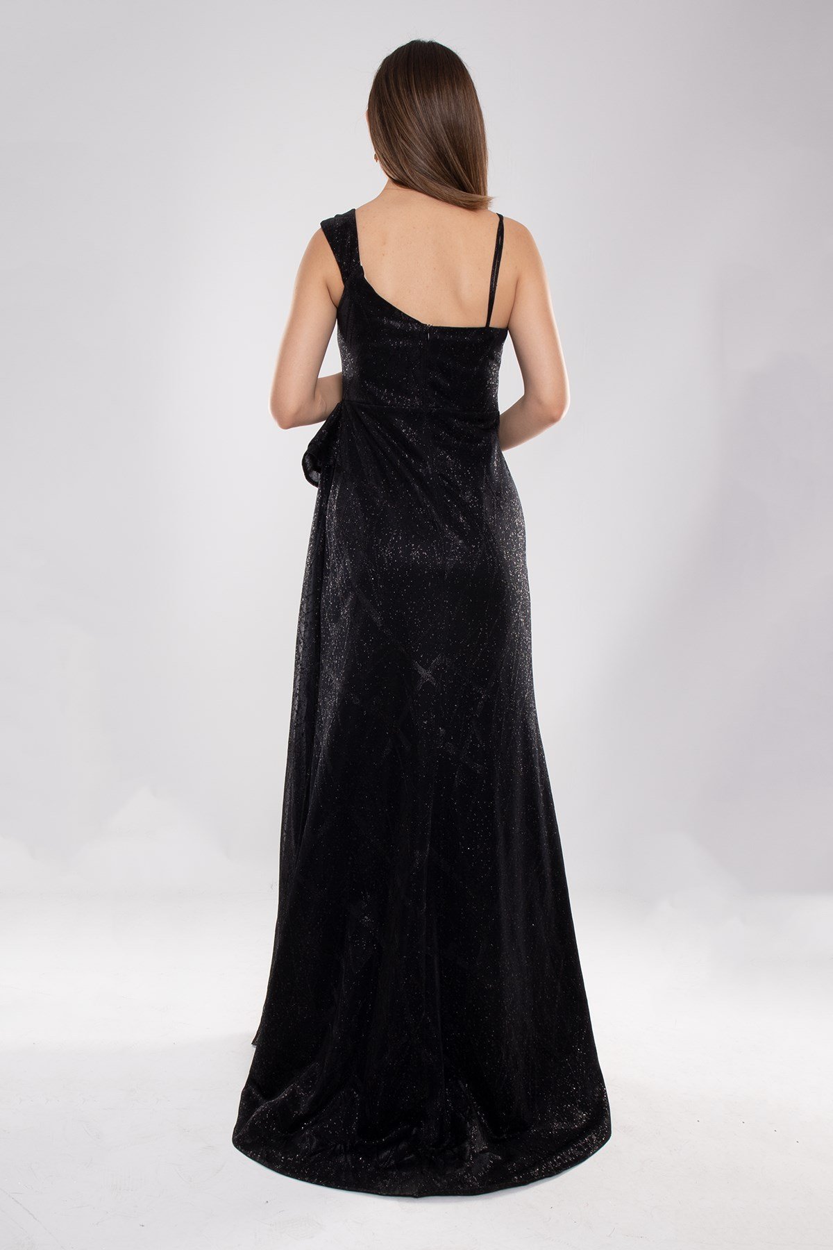 1563 Beli Drape Valonlu Simli Tül Yırtmaçlı Uzun Elbise