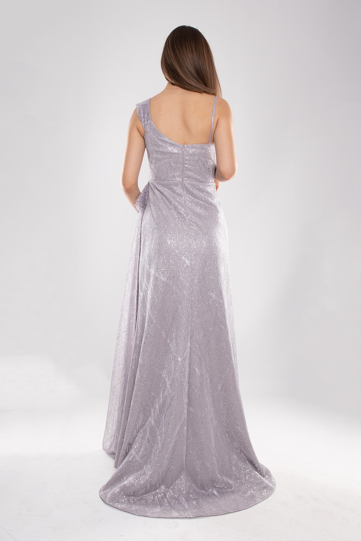 1563 Beli Drape Valonlu Simli Tül Yırtmaçlı Uzun Elbise