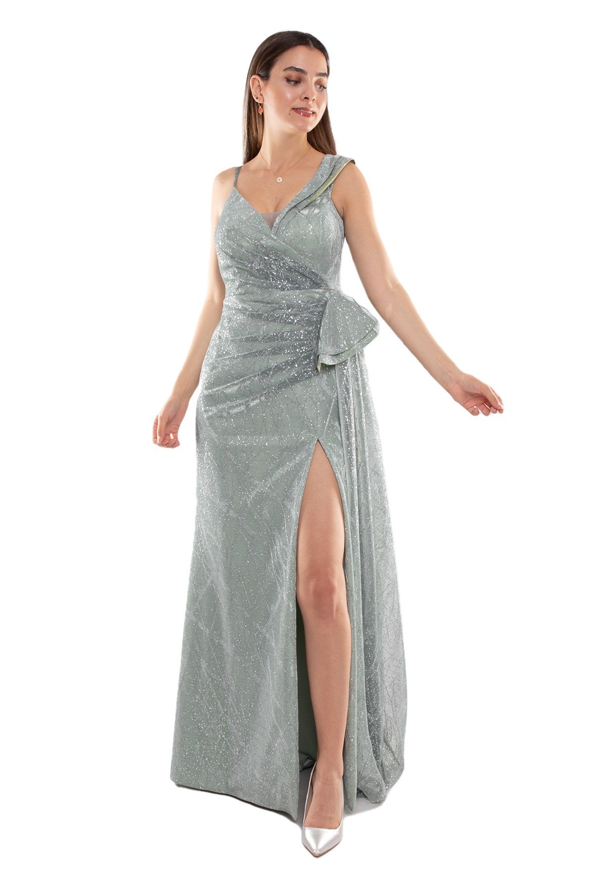 1563 Beli Drape Valonlu Simli Tül Yırtmaçlı Uzun Elbise