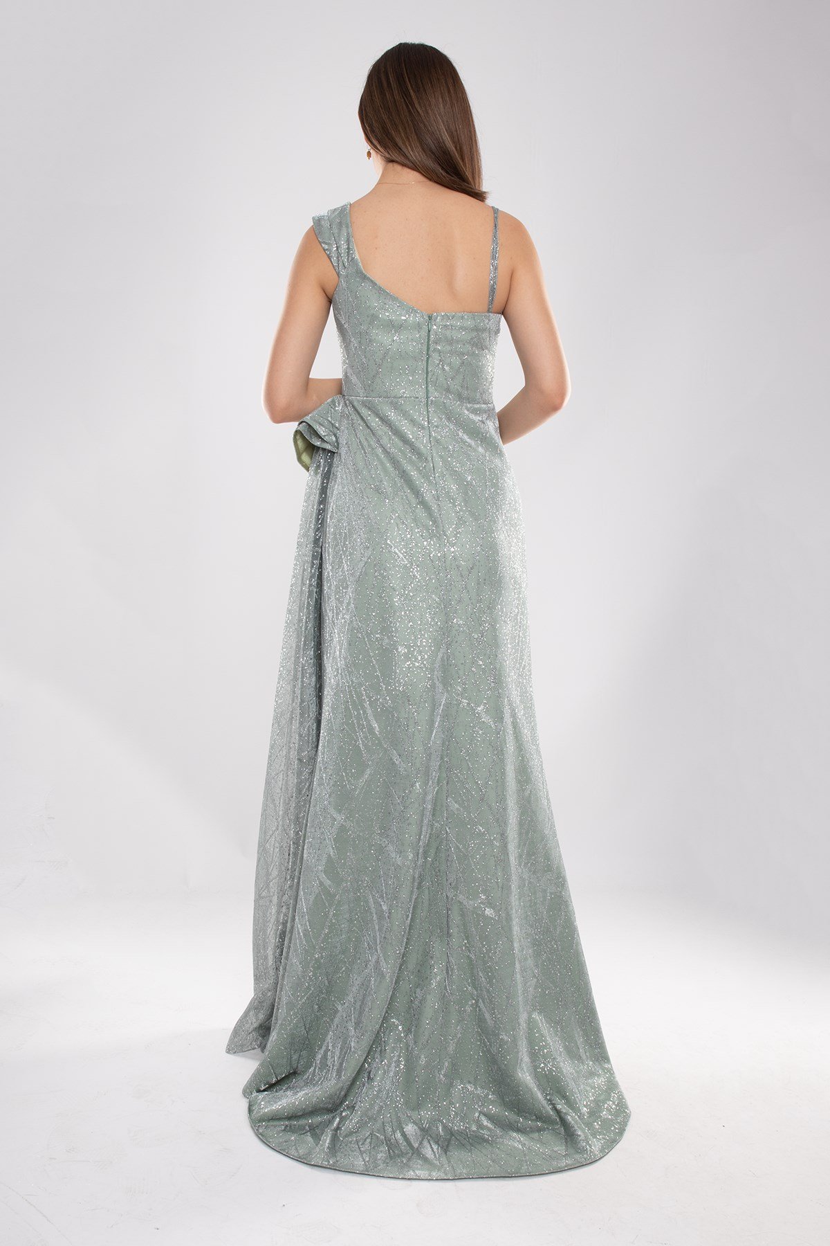 1563 Beli Drape Valonlu Simli Tül Yırtmaçlı Uzun Elbise