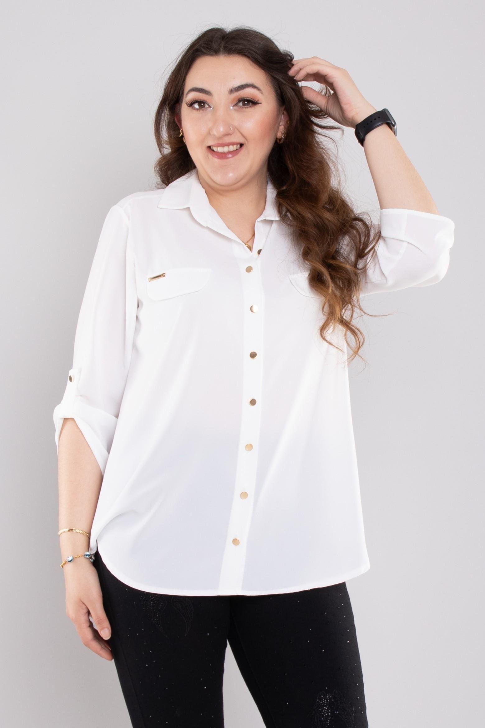 1608 Büyük Beden Cep Kapaklı Truvakar Kol Şifon Düğmeli Gömlek