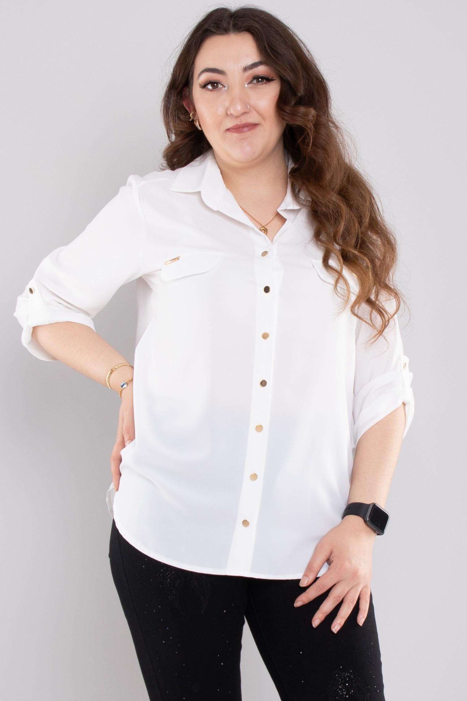 1608 Büyük Beden Cep Kapaklı Truvakar Kol Şifon Düğmeli Gömlek