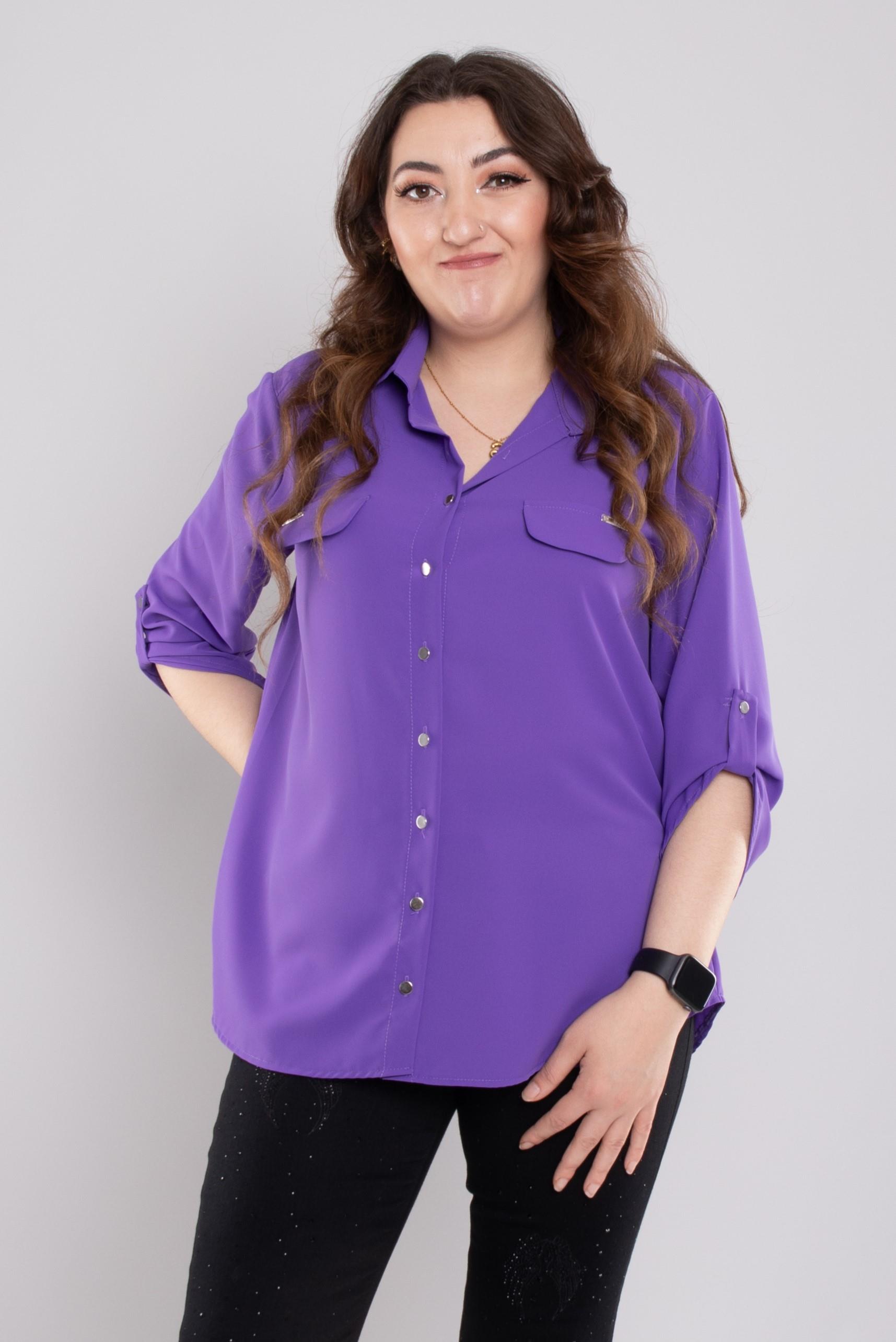 1608 Büyük Beden Cep Kapaklı Truvakar Kol Şifon Düğmeli Gömlek