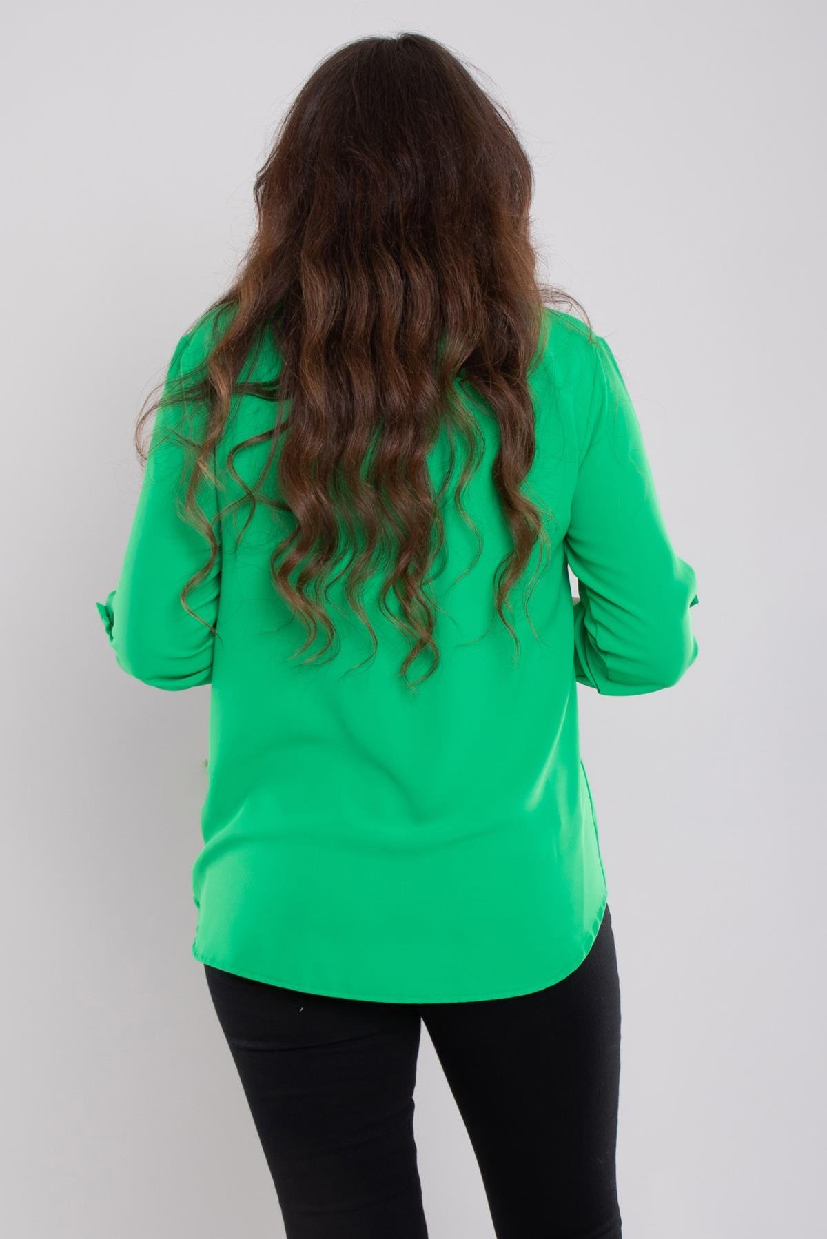 1608 Büyük Beden Cep Kapaklı Truvakar Kol Şifon Düğmeli Gömlek