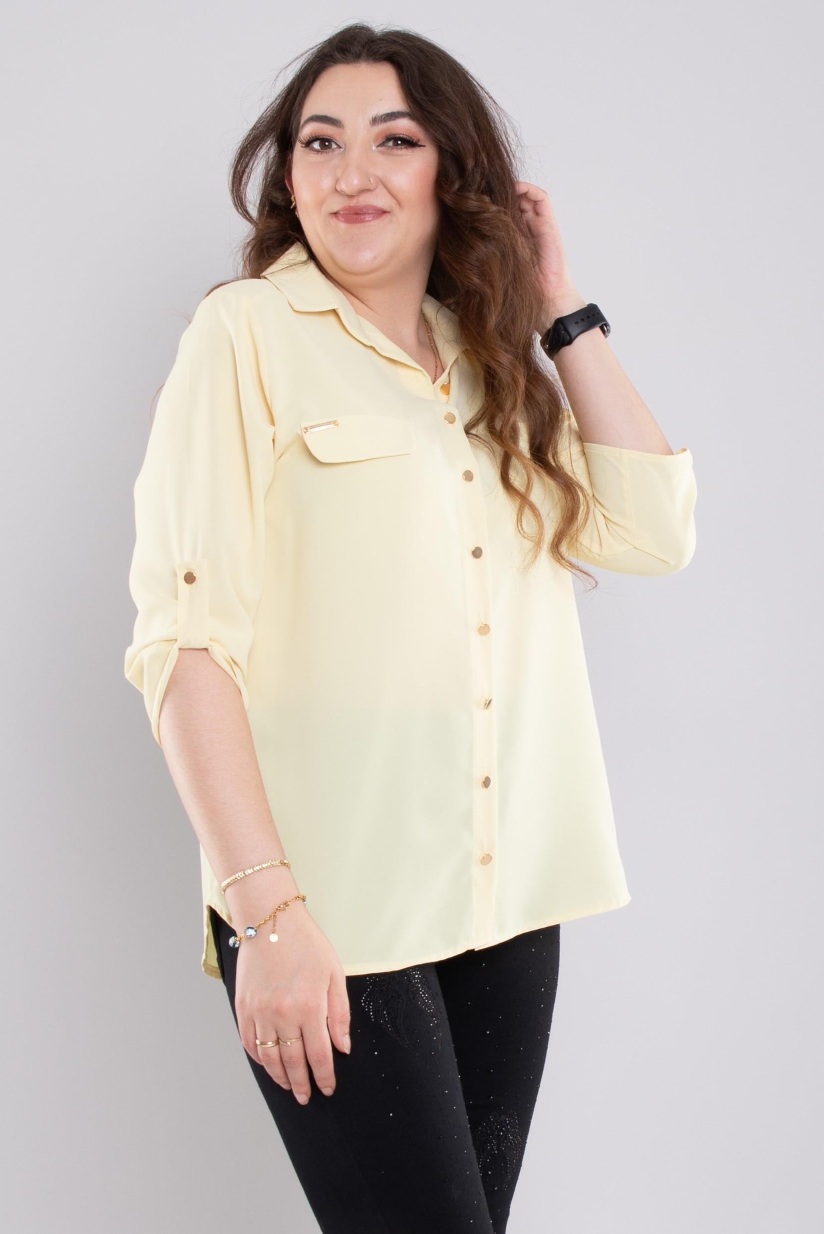 1608 Büyük Beden Cep Kapaklı Truvakar Kol Şifon Düğmeli Gömlek
