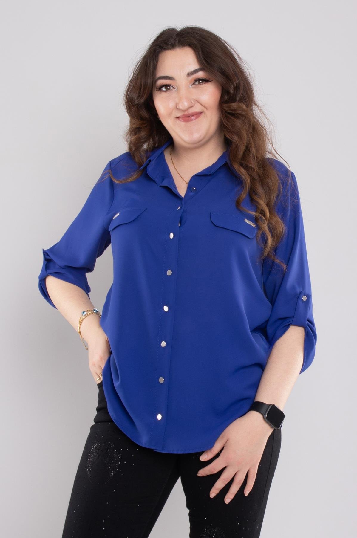 1608 Büyük Beden Cep Kapaklı Truvakar Kol Şifon Düğmeli Gömlek