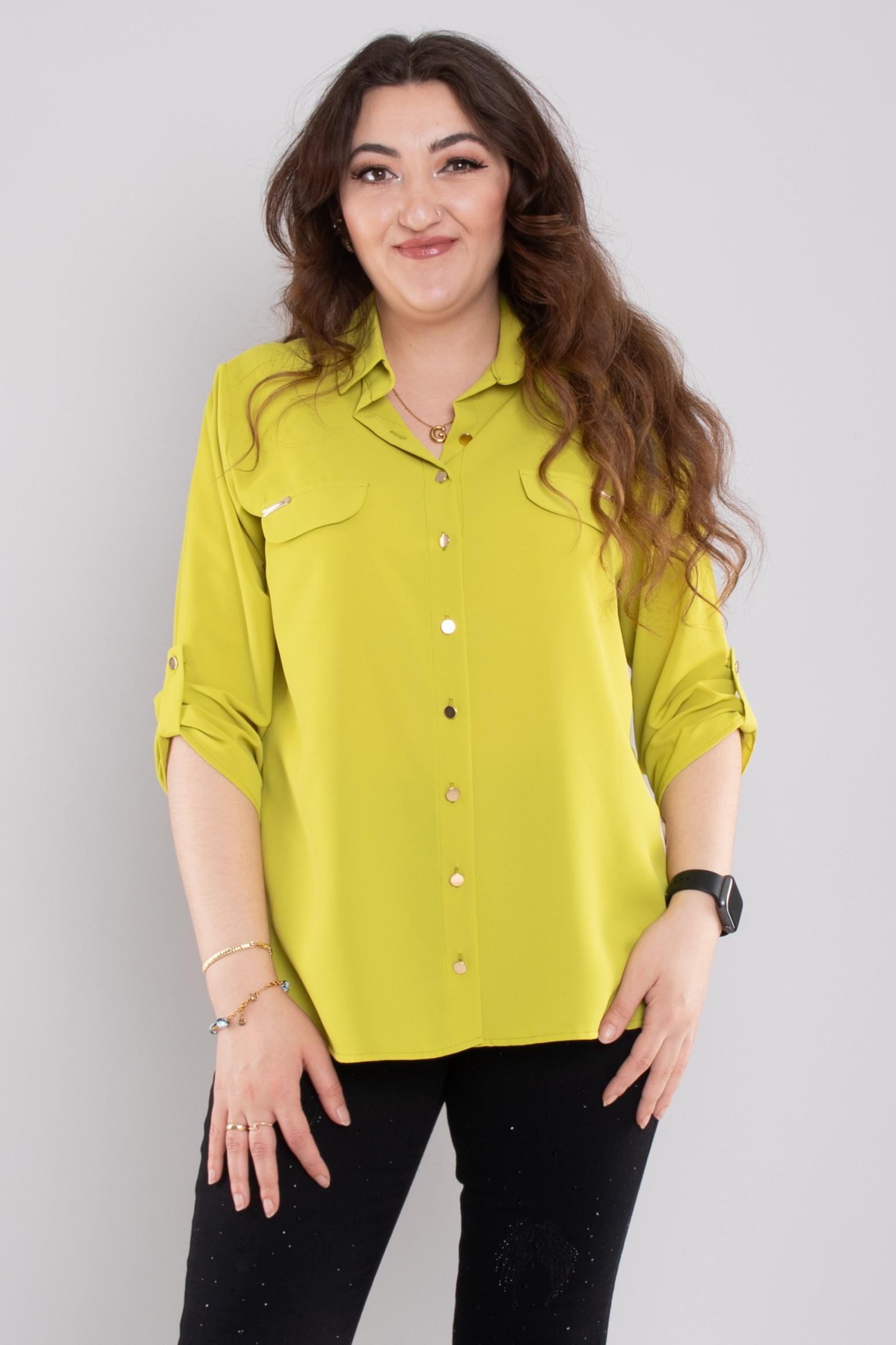 1608 Büyük Beden Cep Kapaklı Truvakar Kol Şifon Düğmeli Gömlek