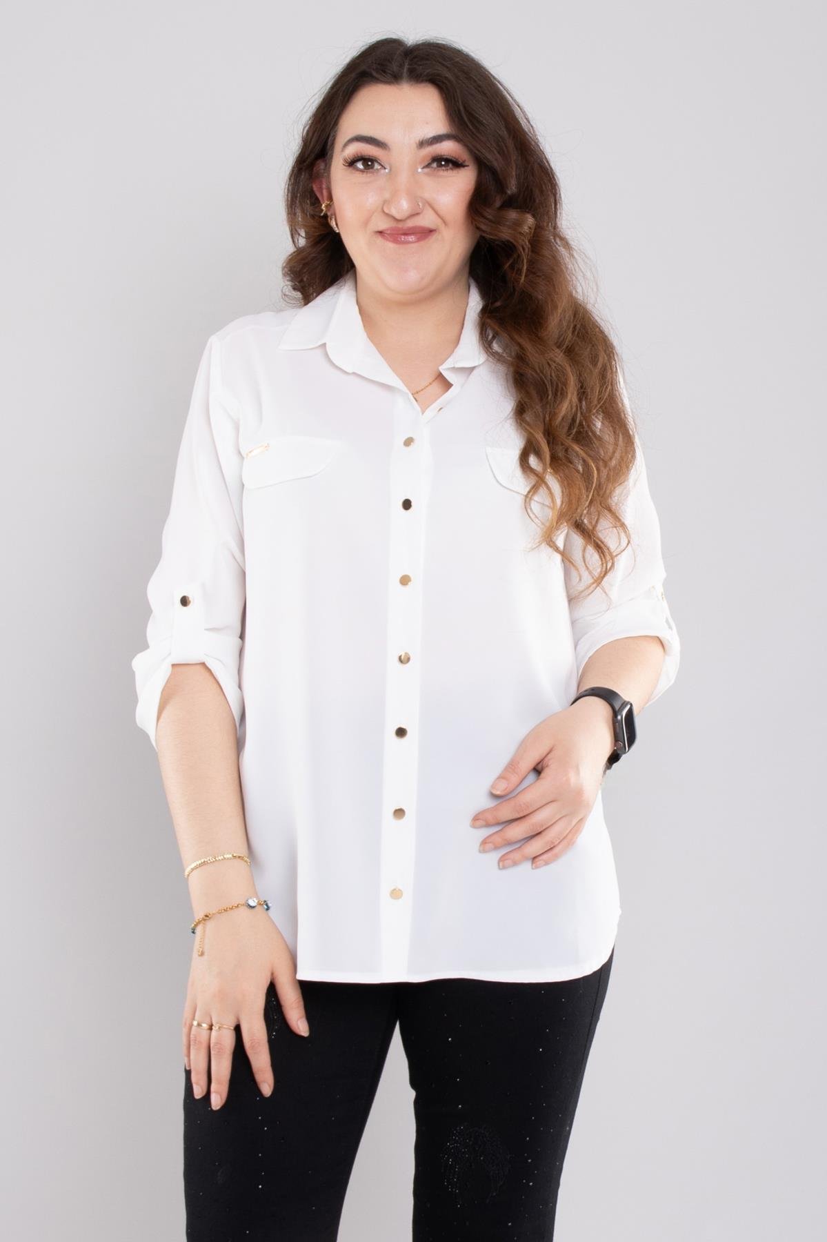 1608 Büyük Beden Cep Kapaklı Truvakar Kol Şifon Düğmeli Gömlek