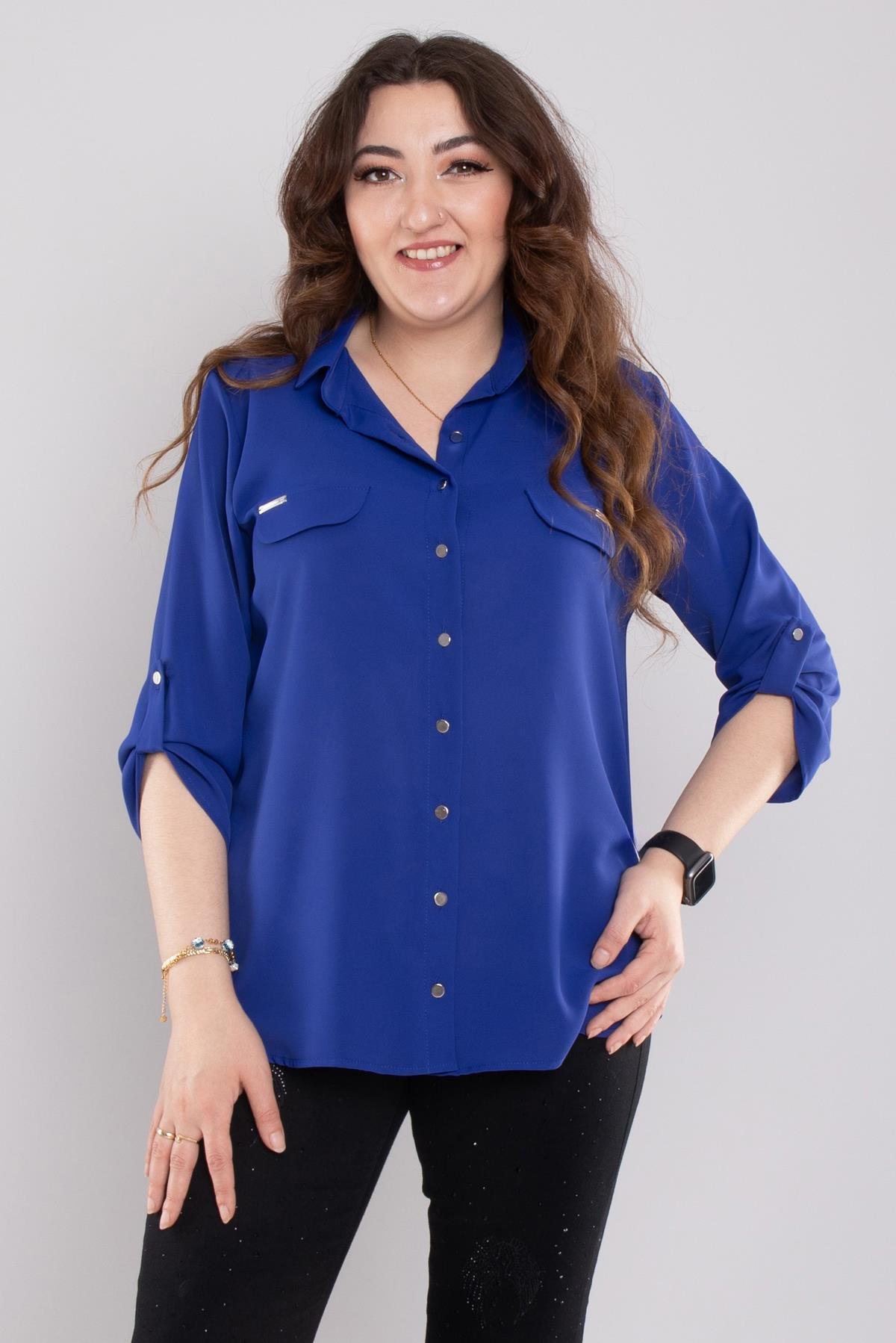 1608 Büyük Beden Cep Kapaklı Truvakar Kol Şifon Düğmeli Gömlek