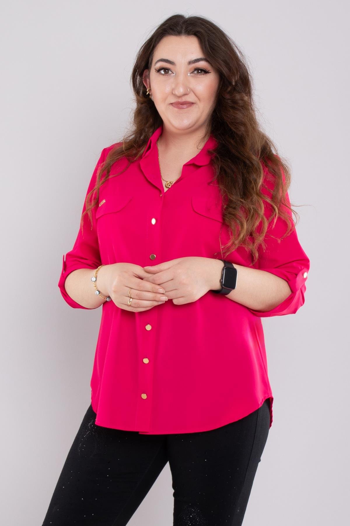 1608 Büyük Beden Cep Kapaklı Truvakar Kol Şifon Düğmeli Gömlek