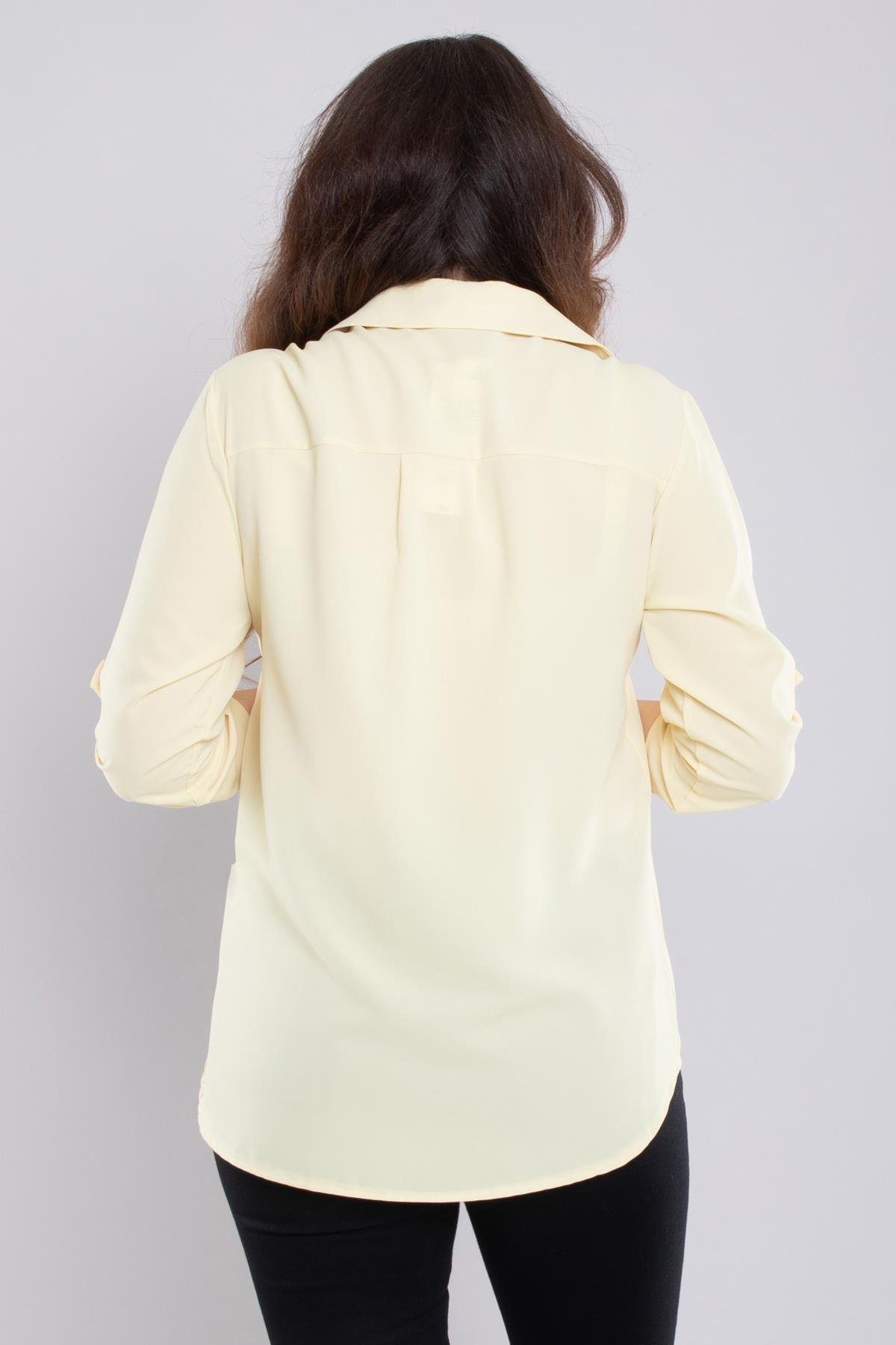 1608 Büyük Beden Cep Kapaklı Truvakar Kol Şifon Düğmeli Gömlek
