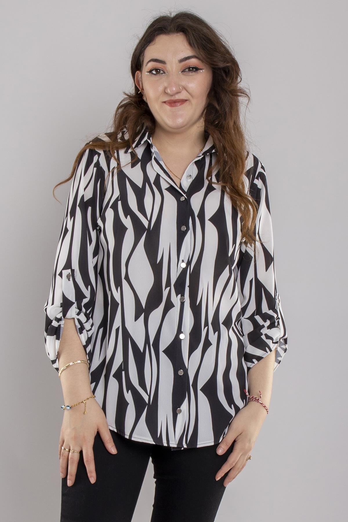 1613 Büyük Beden Geometrik Desenliı Düğmeli Krinkıl Truvakar Kol Gömlek