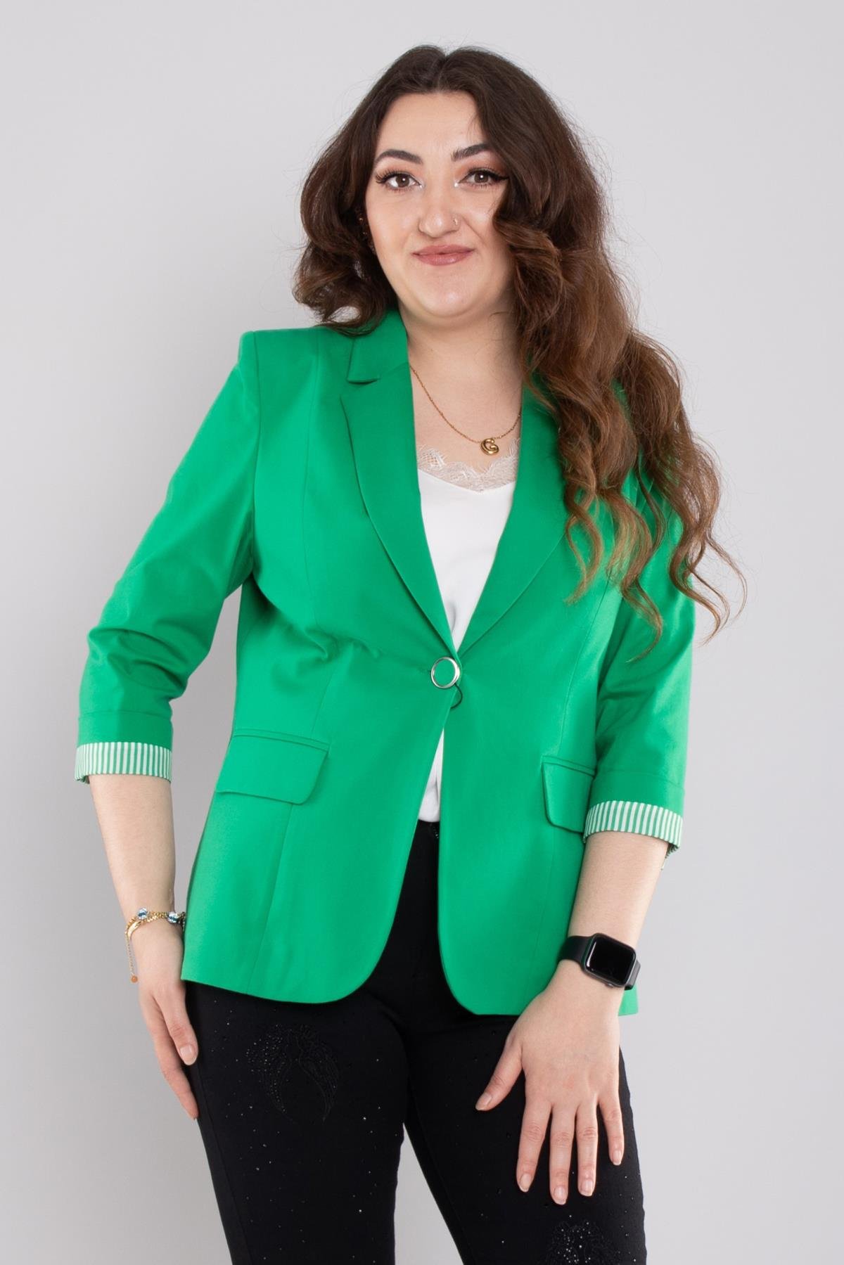 164 Büyük Beden Broşlu Kol Ucu Çizgili Cep Kapaklı Tek Düğme Pamuk Ceket