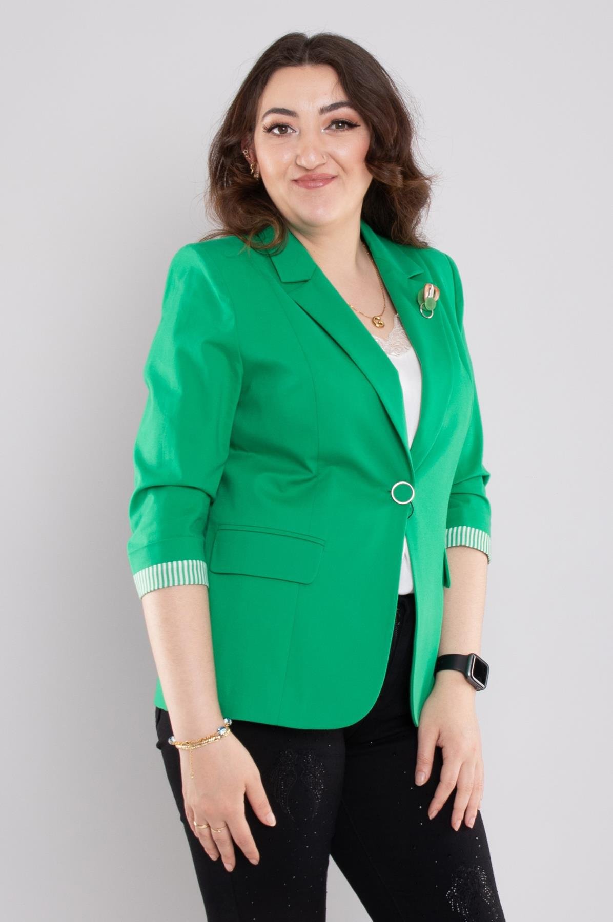 164 Büyük Beden Broşlu Kol Ucu Çizgili Cep Kapaklı Tek Düğme Pamuk Ceket