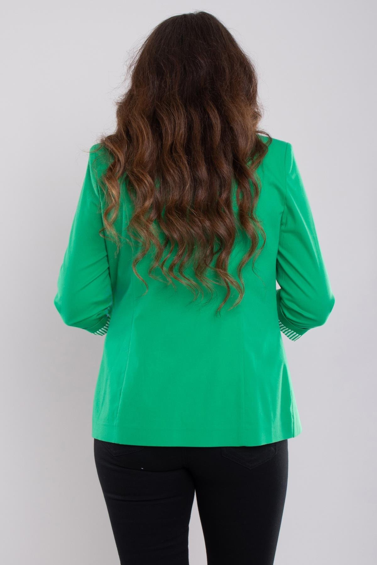 164 Büyük Beden Broşlu Kol Ucu Çizgili Cep Kapaklı Tek Düğme Pamuk Ceket