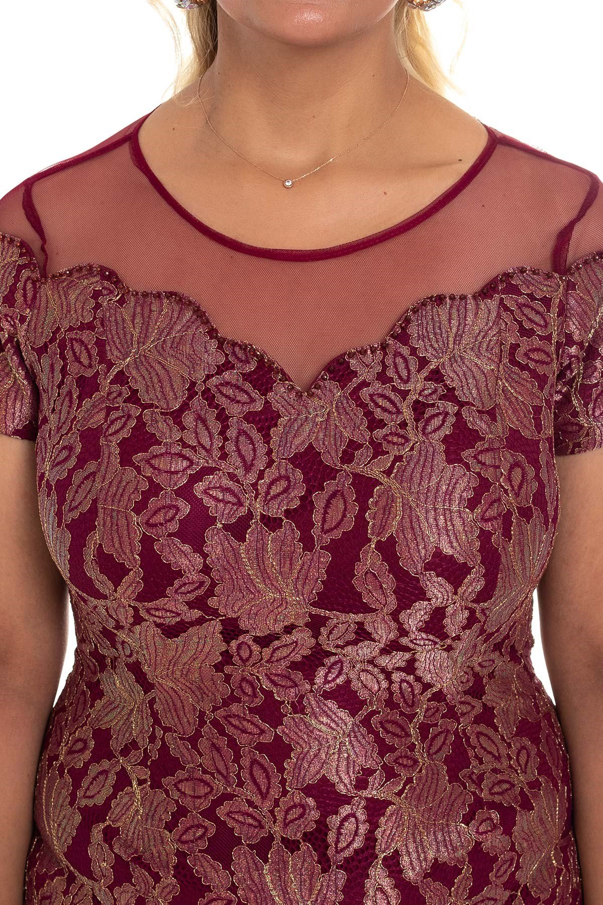 1810 BB Yaka Tül Desenli Jakar Kısa Elbise