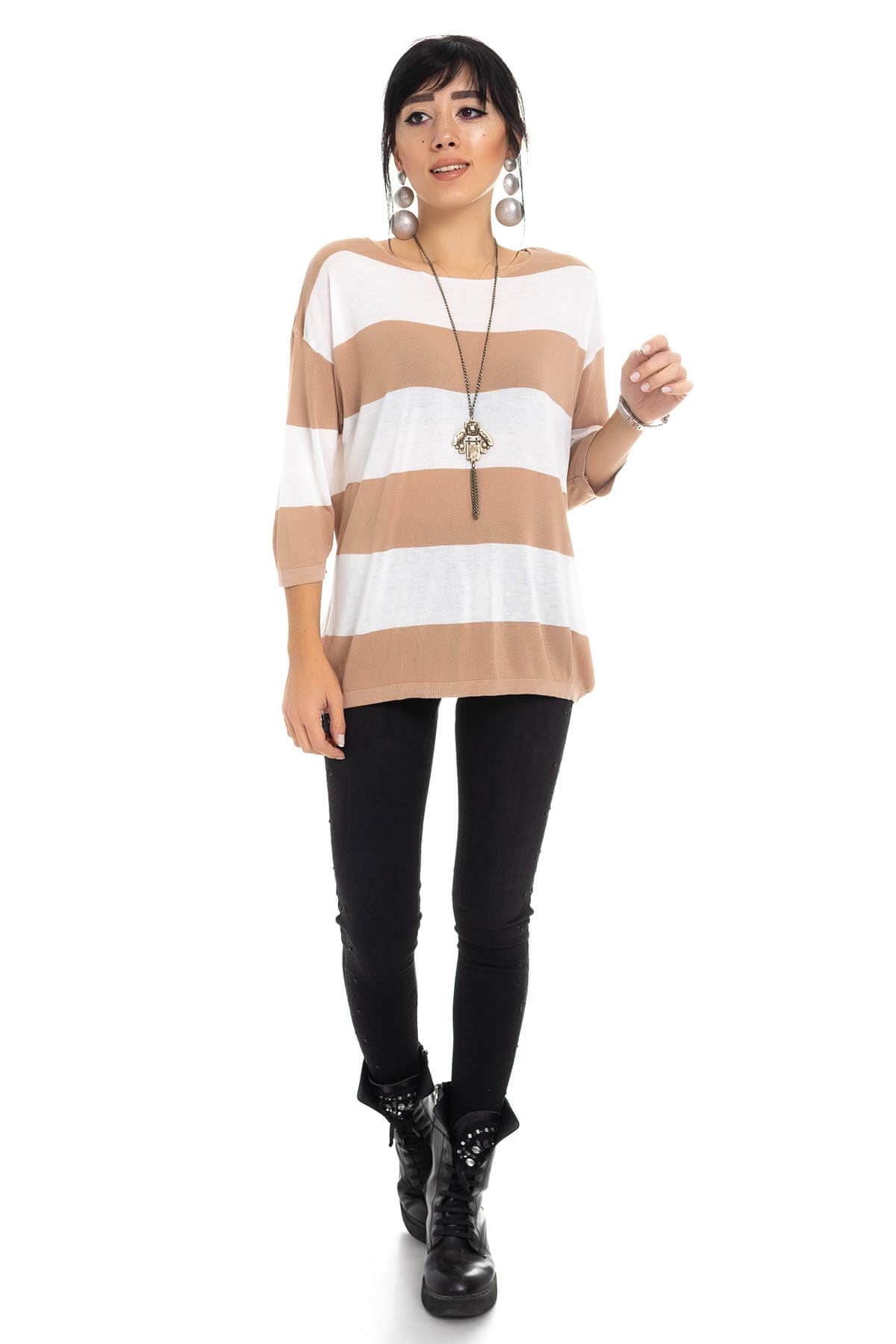 184 KB Kalın Çizgili Basic Triko Bluz