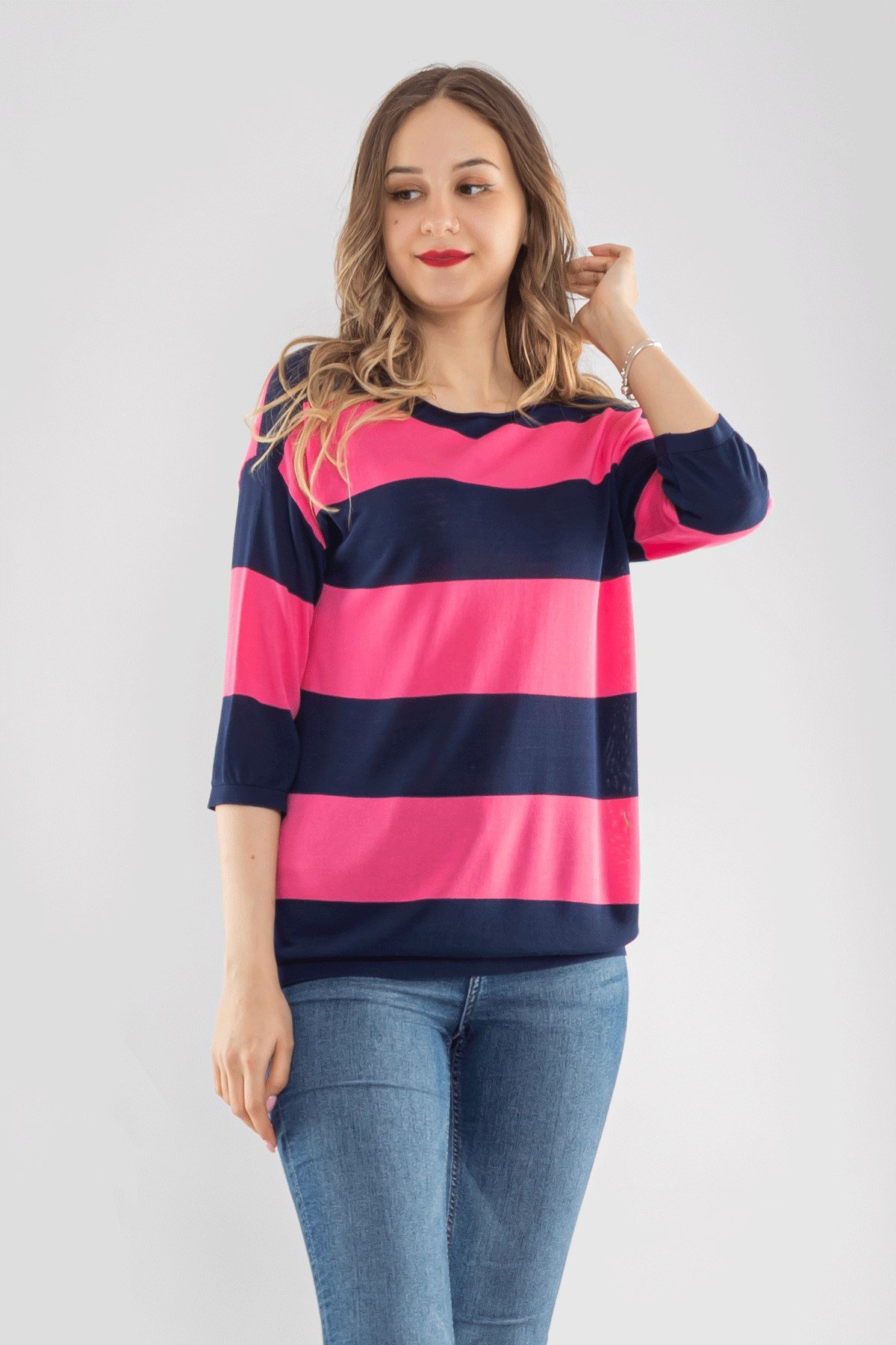 184 KB Kalın Çizgili Basic Triko Bluz