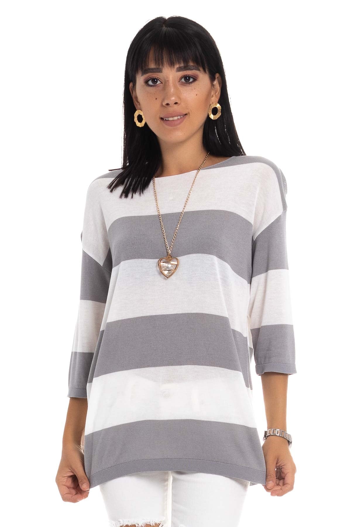 184 KB Kalın Çizgili Basic Triko Bluz