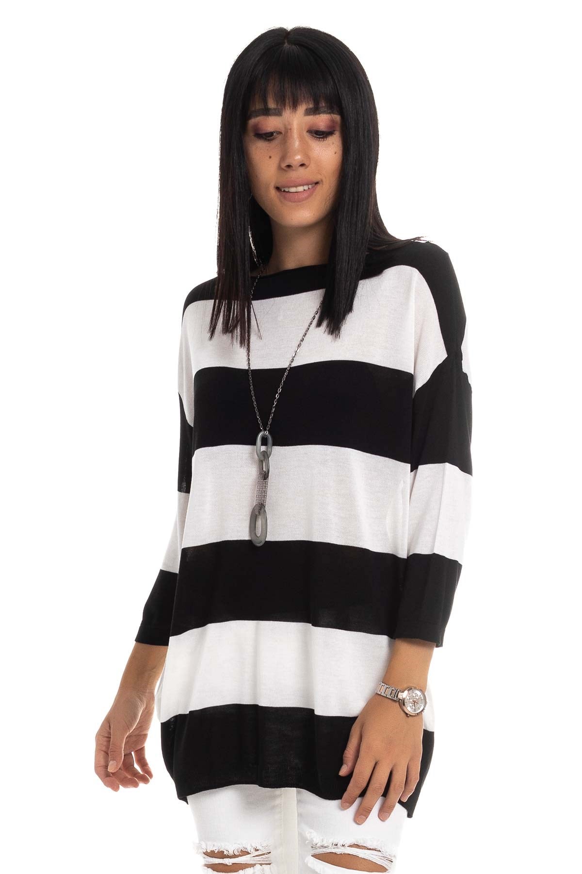 184 KB Kalın Çizgili Basic Triko Bluz