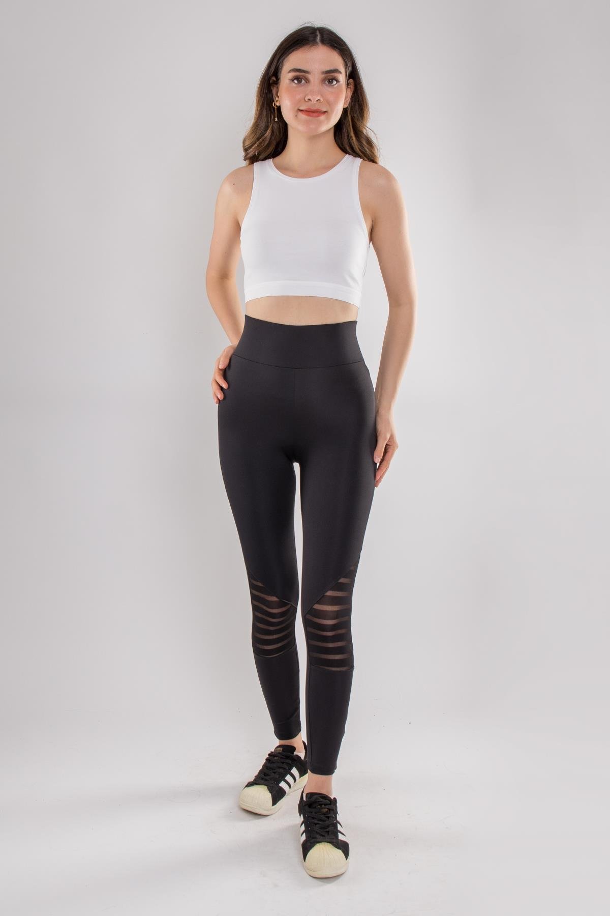 1846 Dizi Tüllü Geniş Kemer Dalgıç Kumaş Tayt