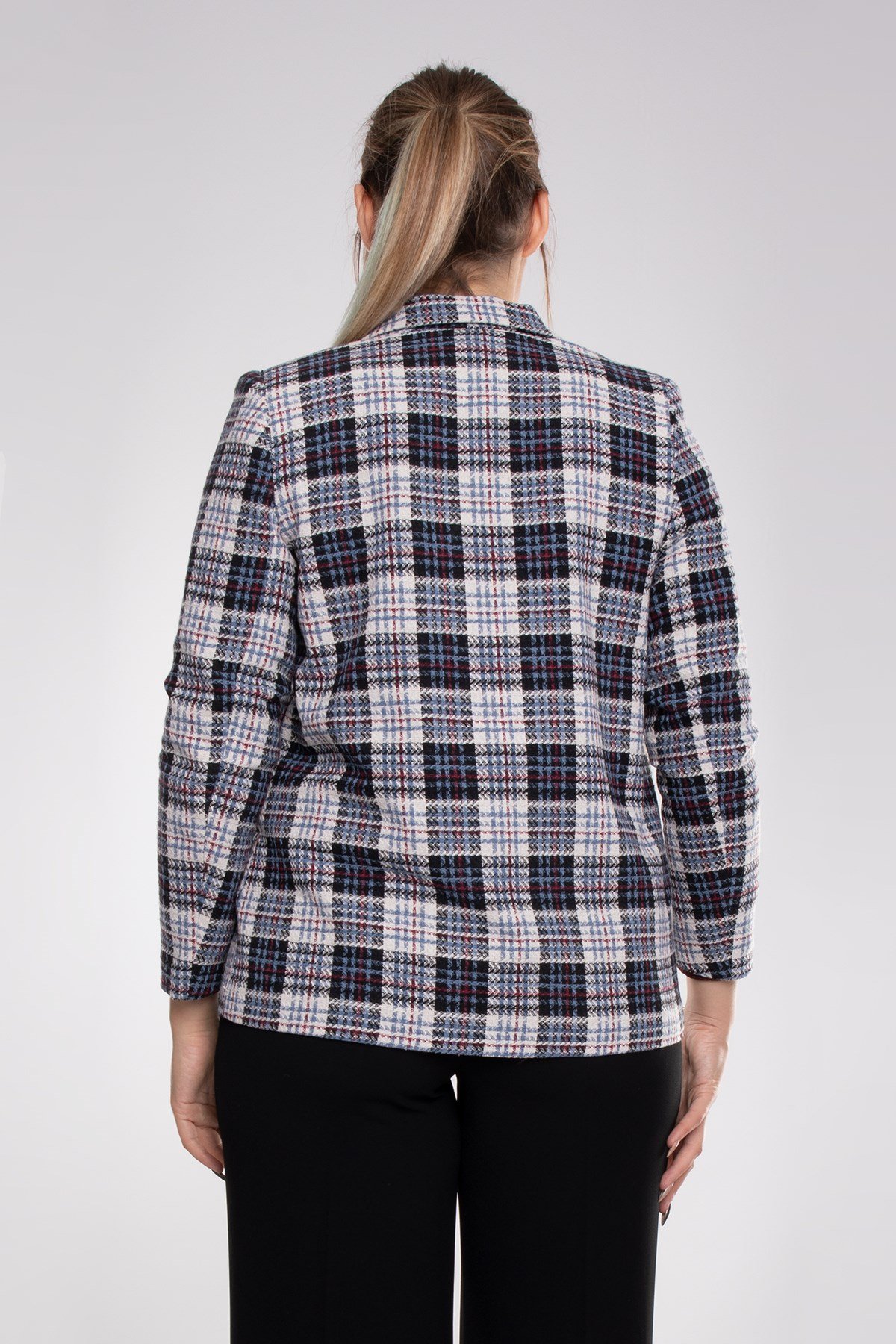 1892 Büyük Beden Ekose Tek Düğme Kadın Ceket