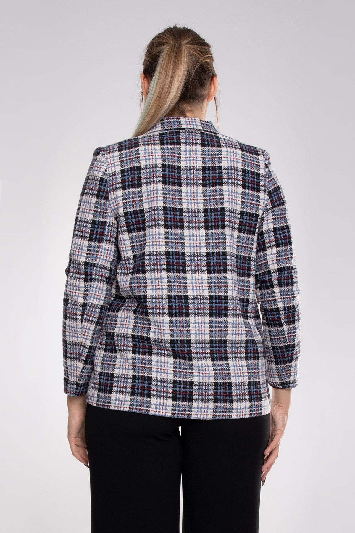 1892 Büyük Beden Ekose Tek Düğme Kadın Ceket