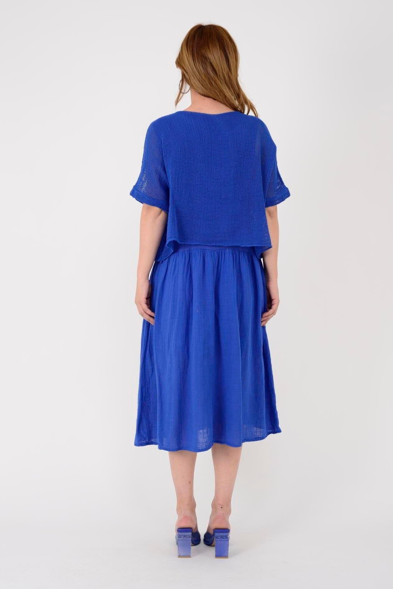 19056 Düz Desen Fileli İkili Keten Elbise