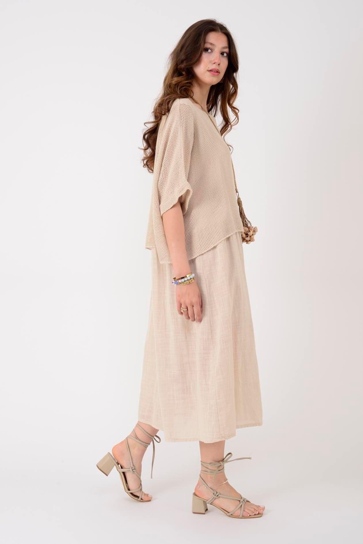 19056 Düz Desen Fileli İkili Keten Elbise