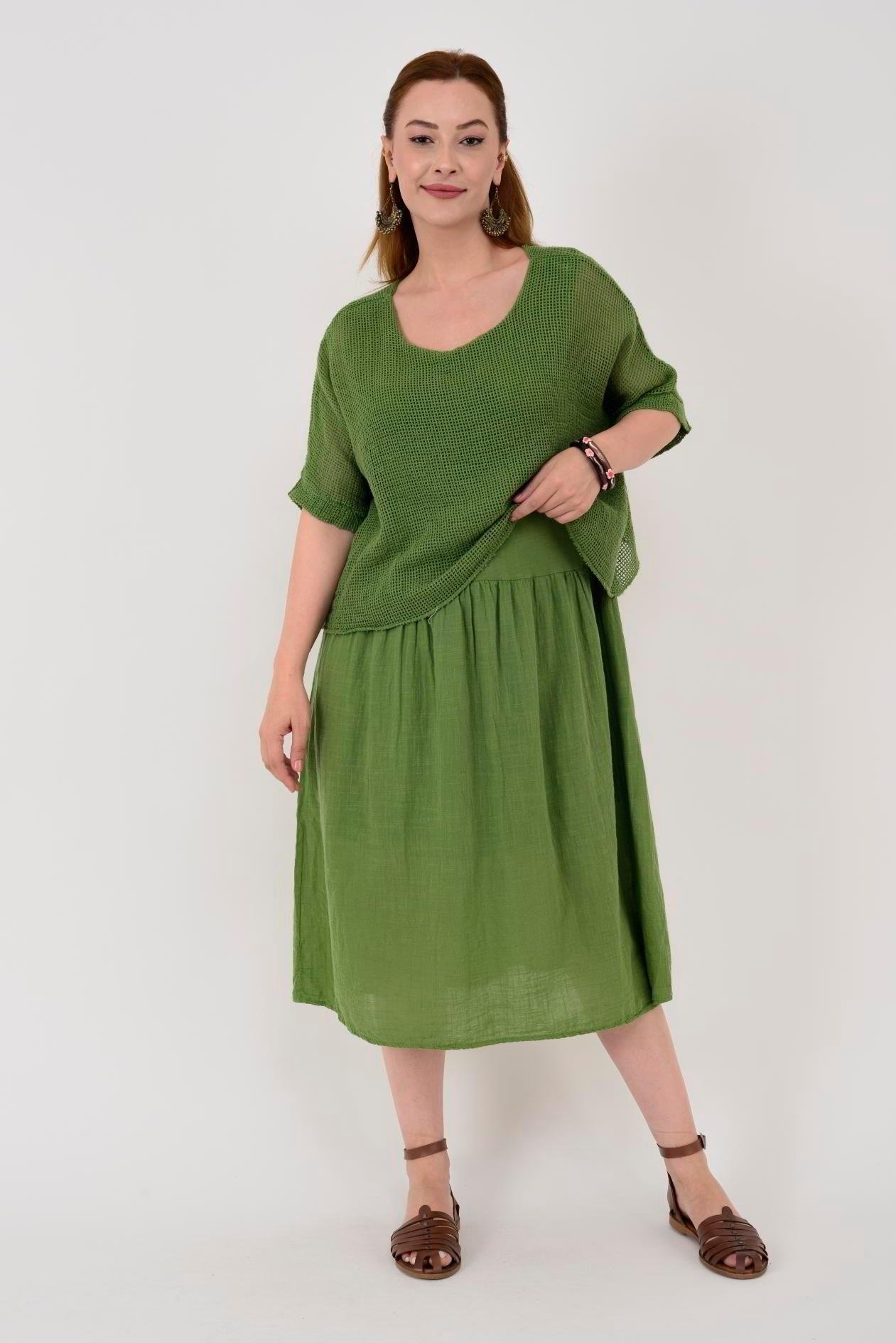 19056 Düz Desen Fileli İkili Keten Elbise