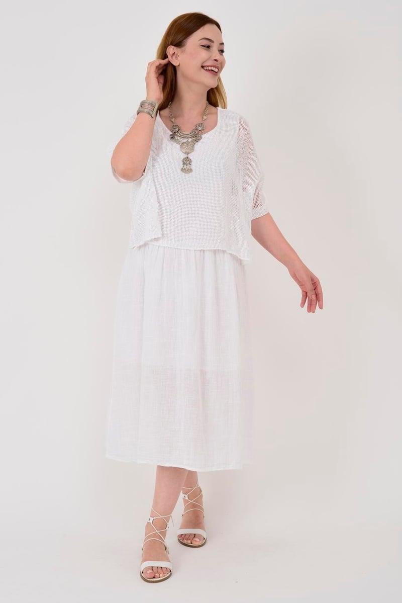 19056 Düz Desen Fileli İkili Keten Elbise