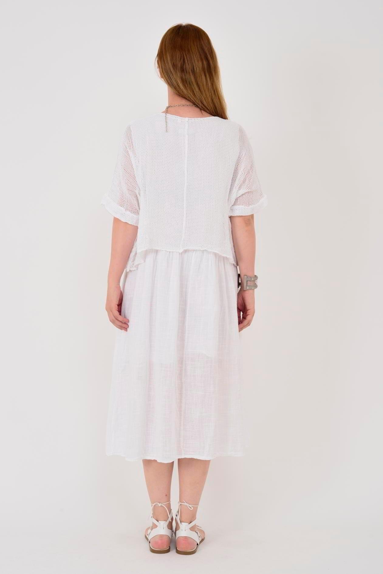 19056 Düz Desen Fileli İkili Keten Elbise