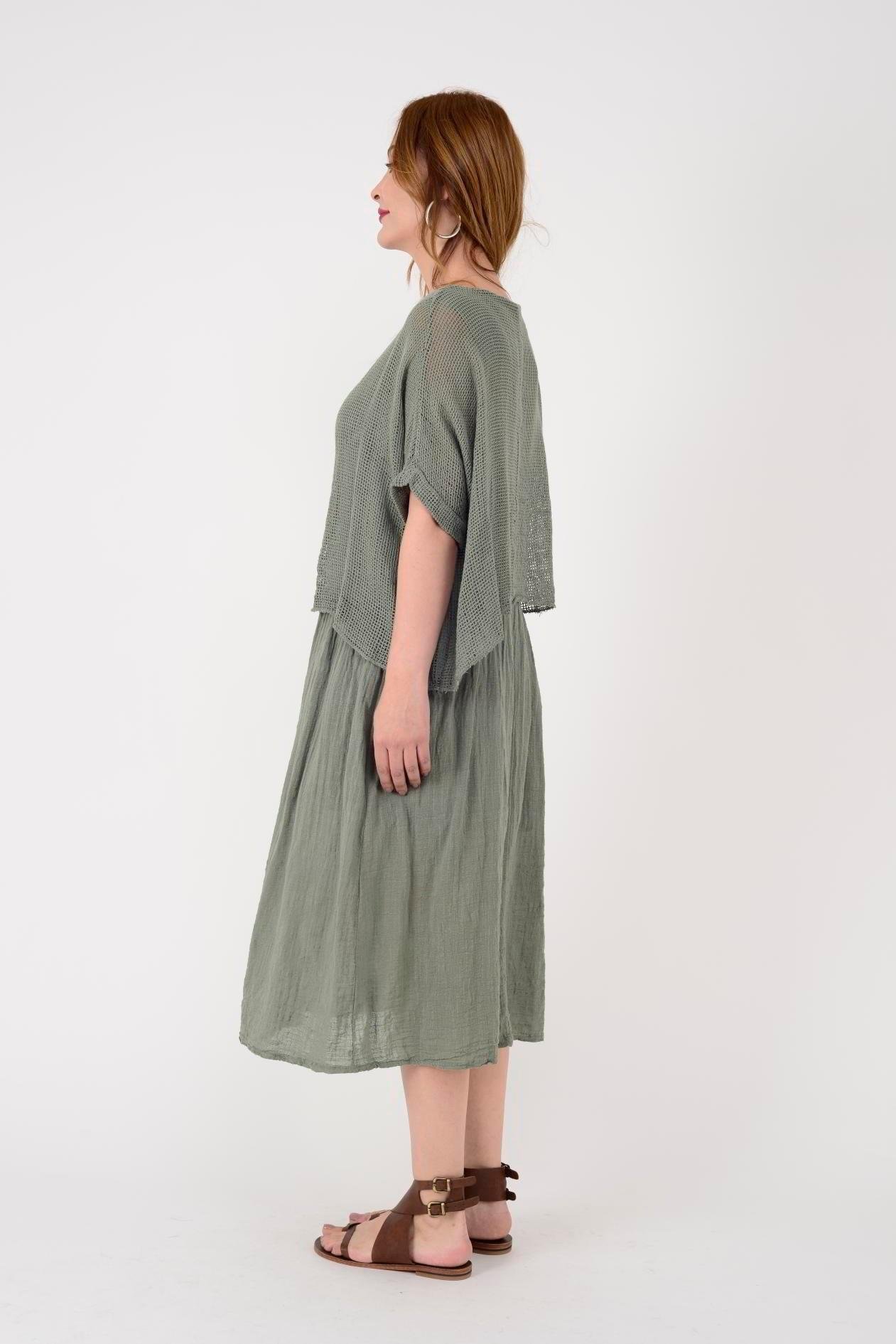 19056 Düz Desen Fileli İkili Keten Elbise