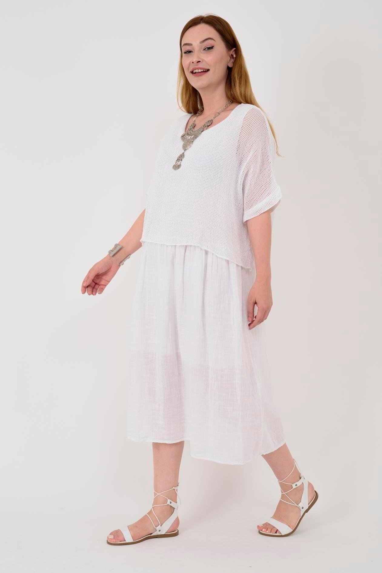 19056 Düz Desen Fileli İkili Keten Elbise