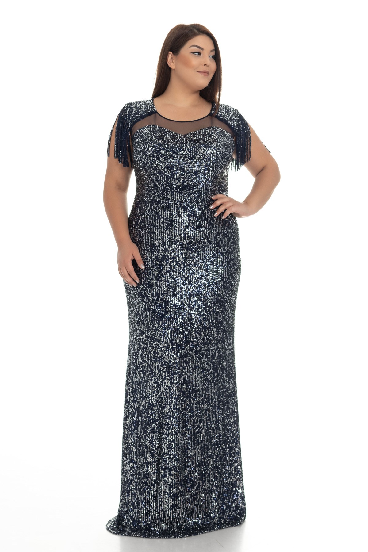 19164 BB Omuz Püskül Pulpayet Uzun Elbise