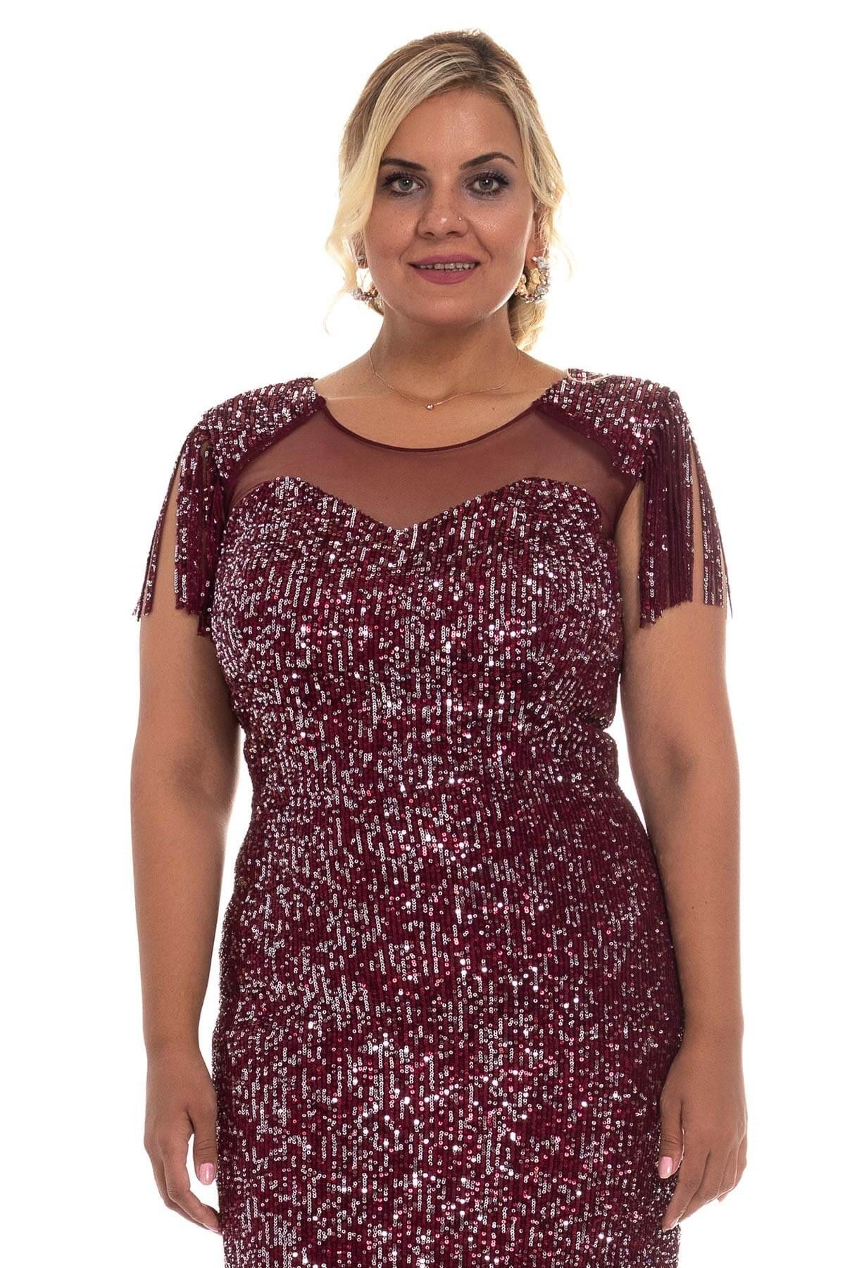 19164 BB Omuz Püskül Pulpayet Uzun Elbise