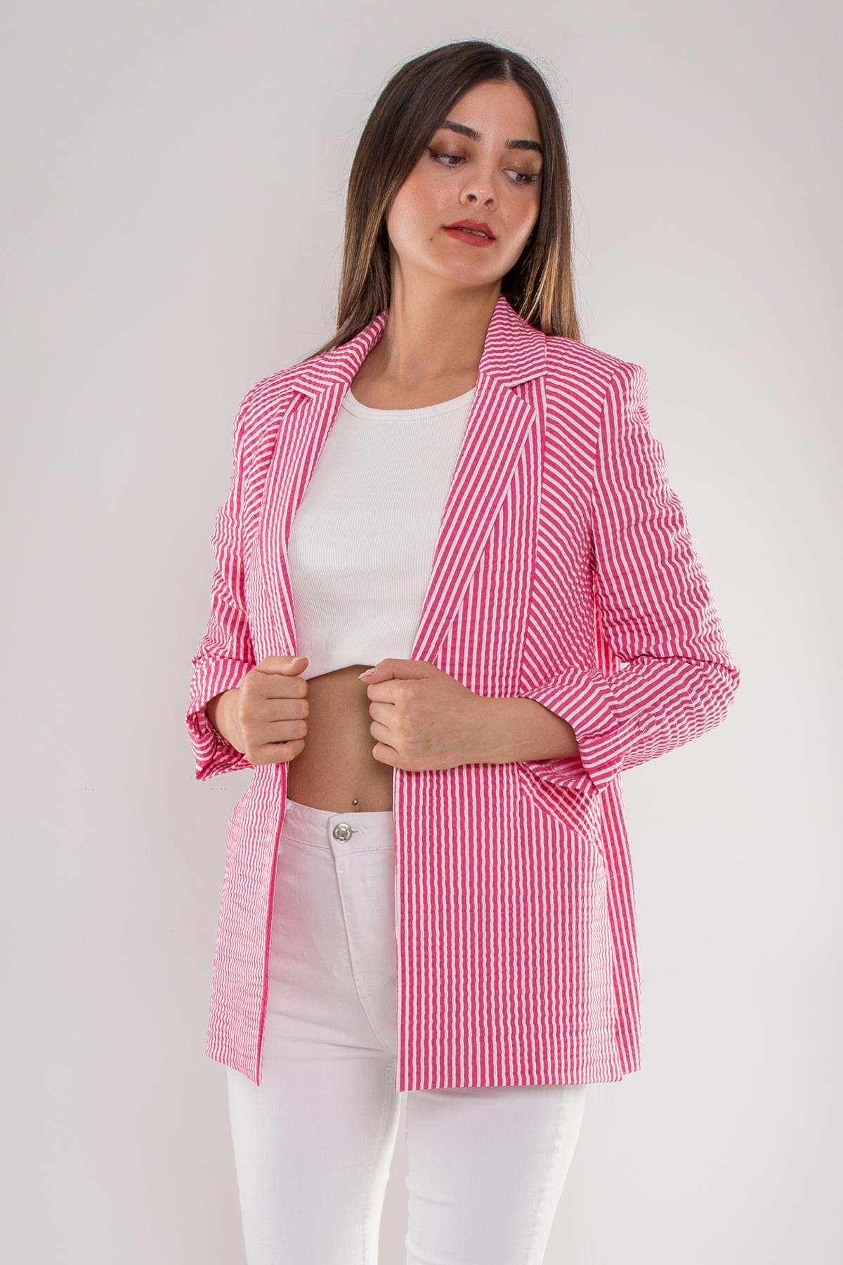 1944 Kol Ucu Apoletli Çizgili Astarsız Kadın Ceket
