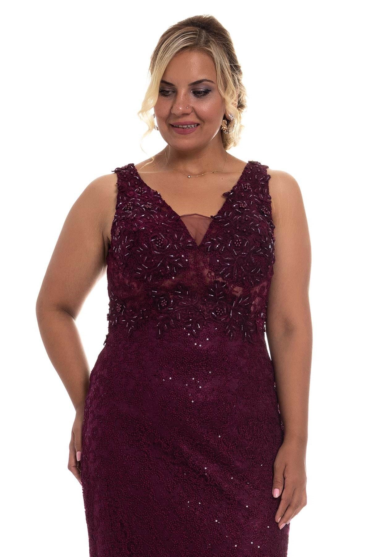 20106 BB Üstü Boncuk İşlemeli Balık Uzun Elbise