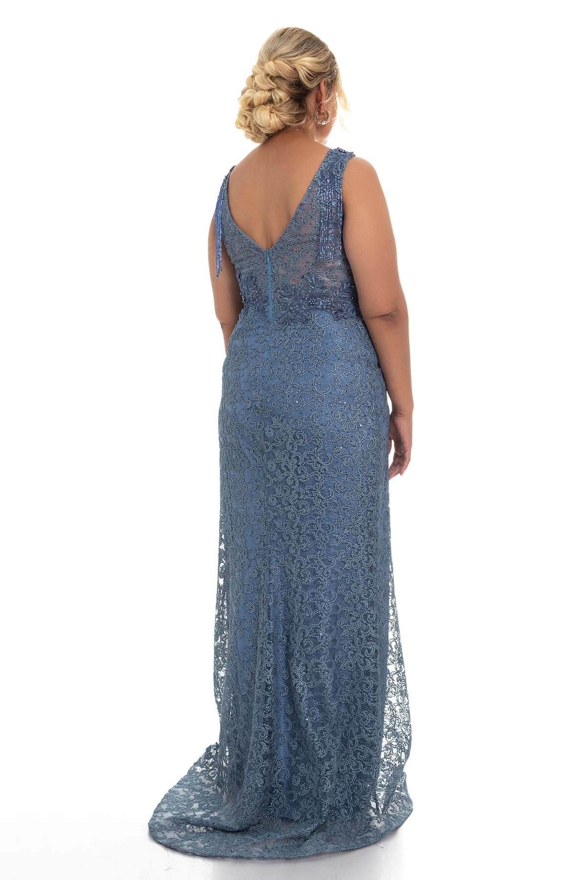 20106 BB Üstü Boncuk İşlemeli Balık Uzun Elbise