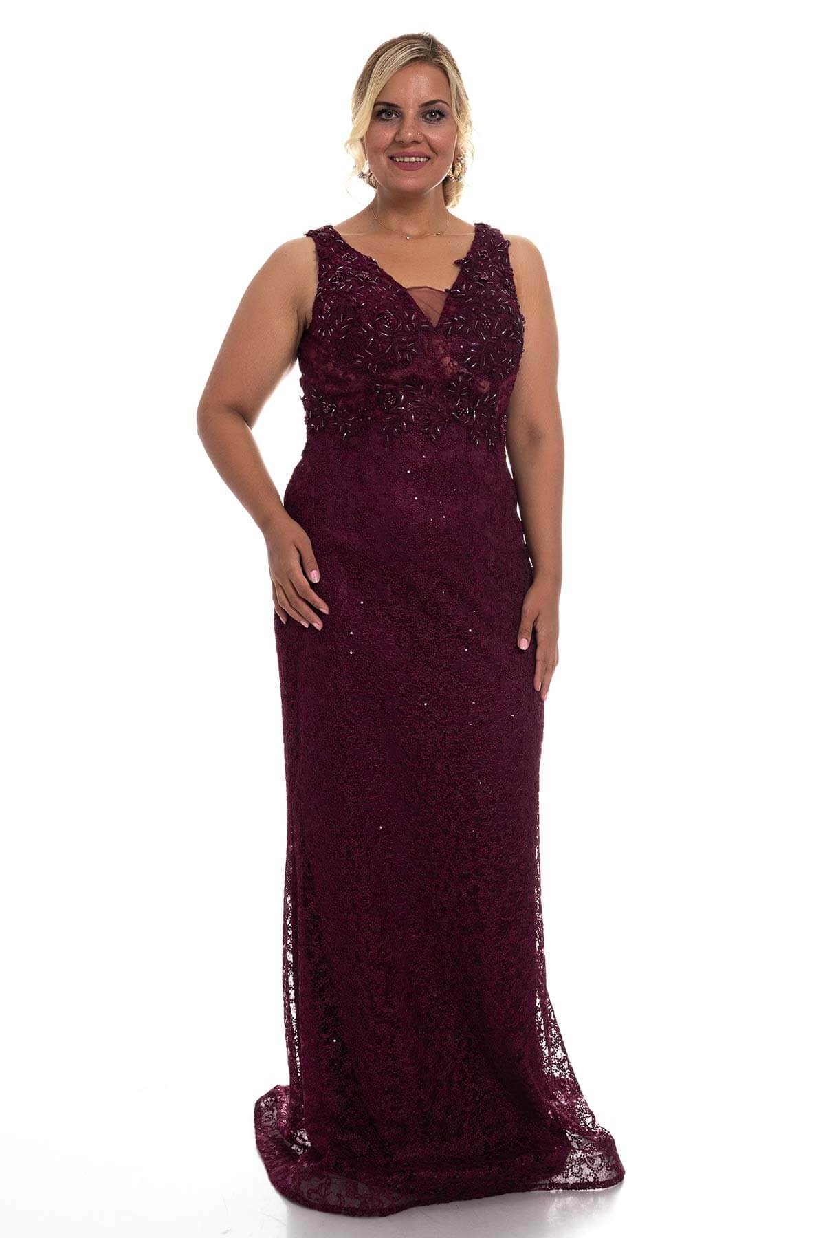 20106 BB Üstü Boncuk İşlemeli Balık Uzun Elbise