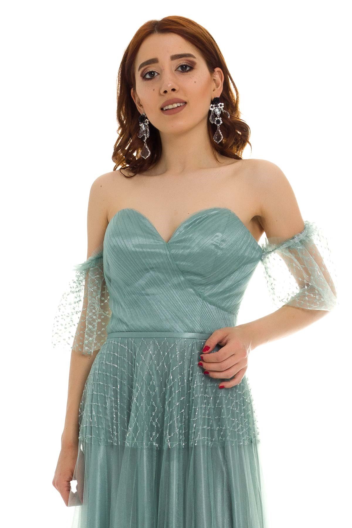 20129 KB Öpücük Yaka Simli Tül Prenses Uzun Elbise