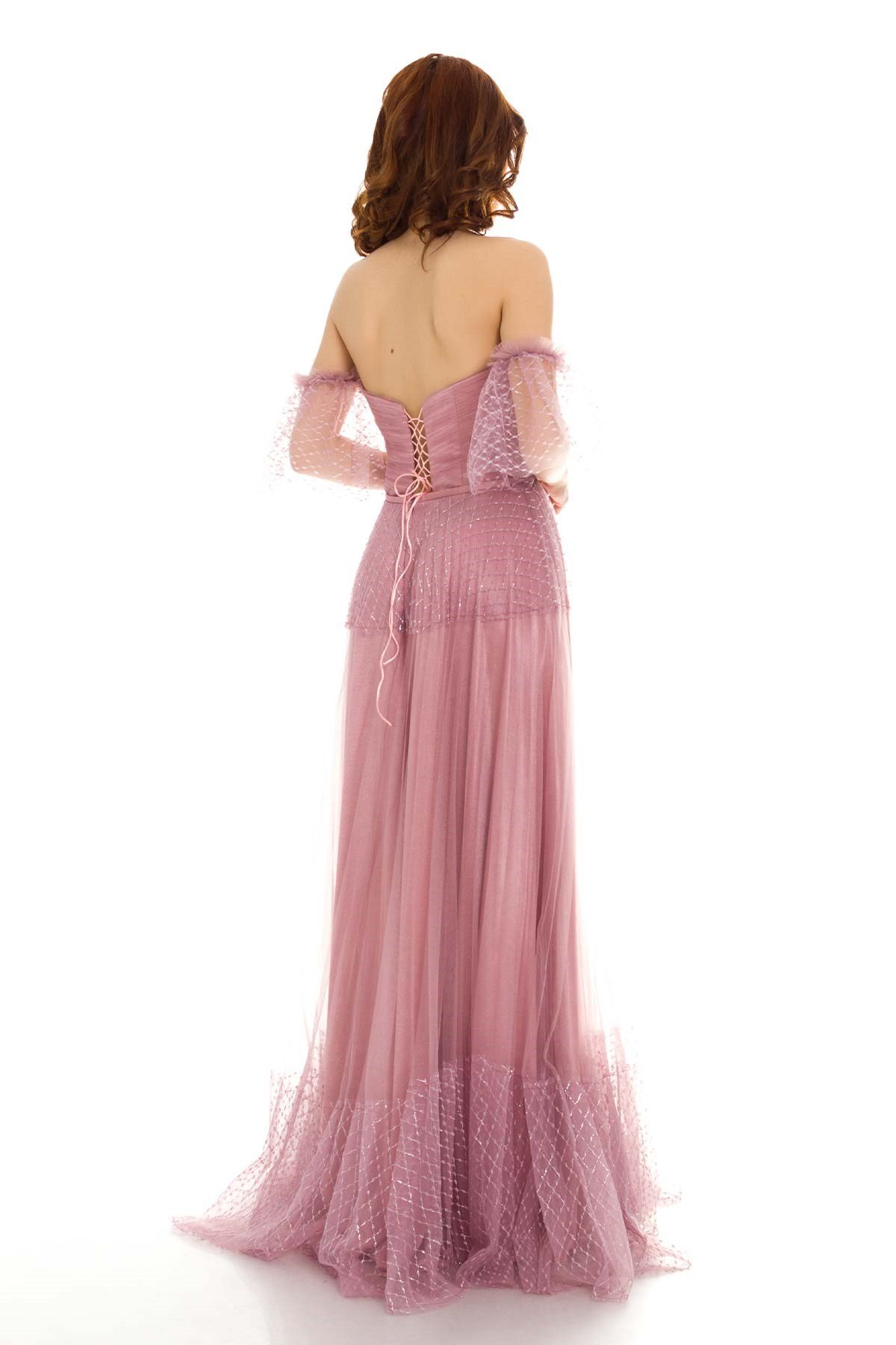 20129 KB Öpücük Yaka Simli Tül Prenses Uzun Elbise