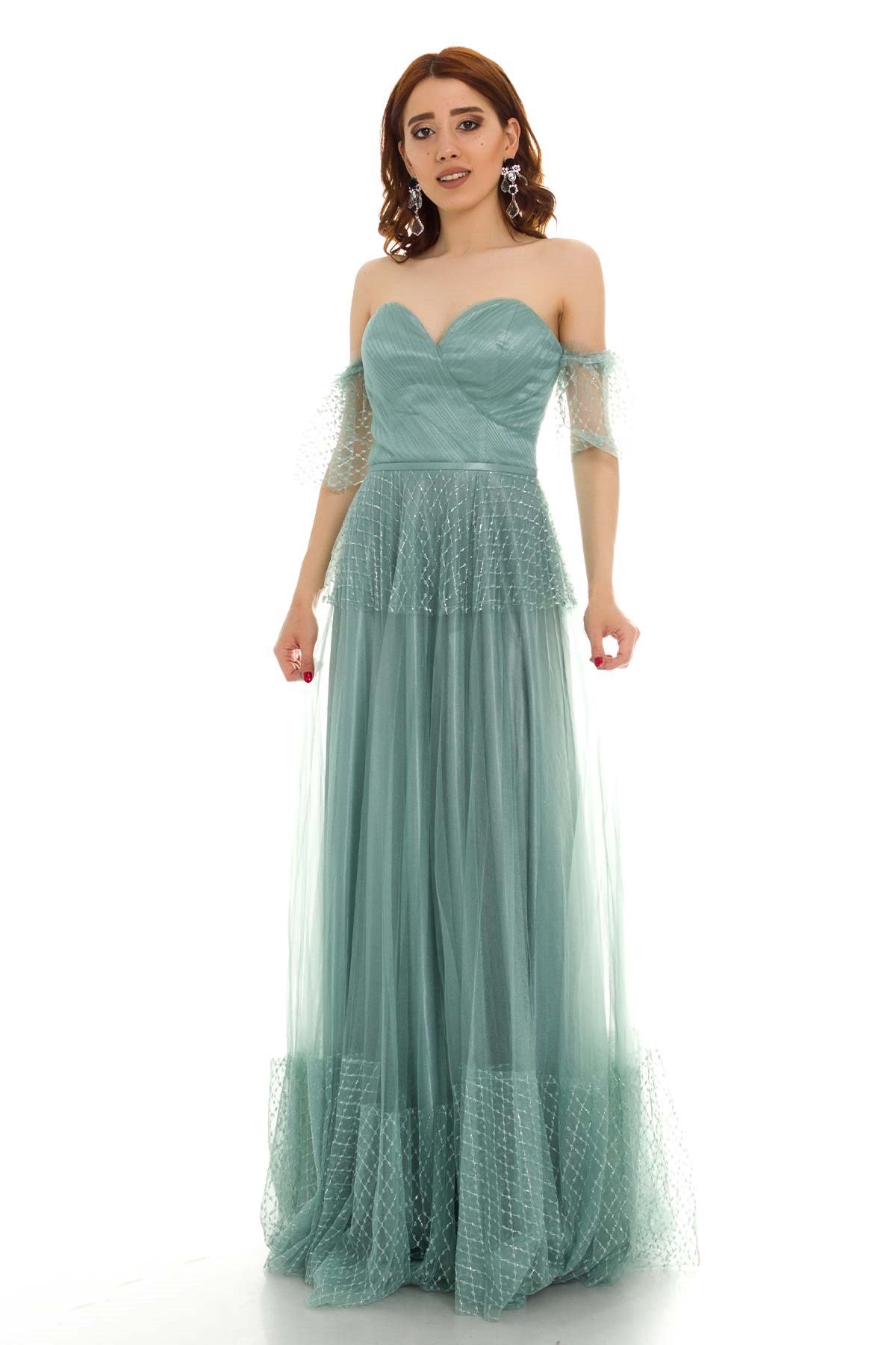 20129 KB Öpücük Yaka Simli Tül Prenses Uzun Elbise