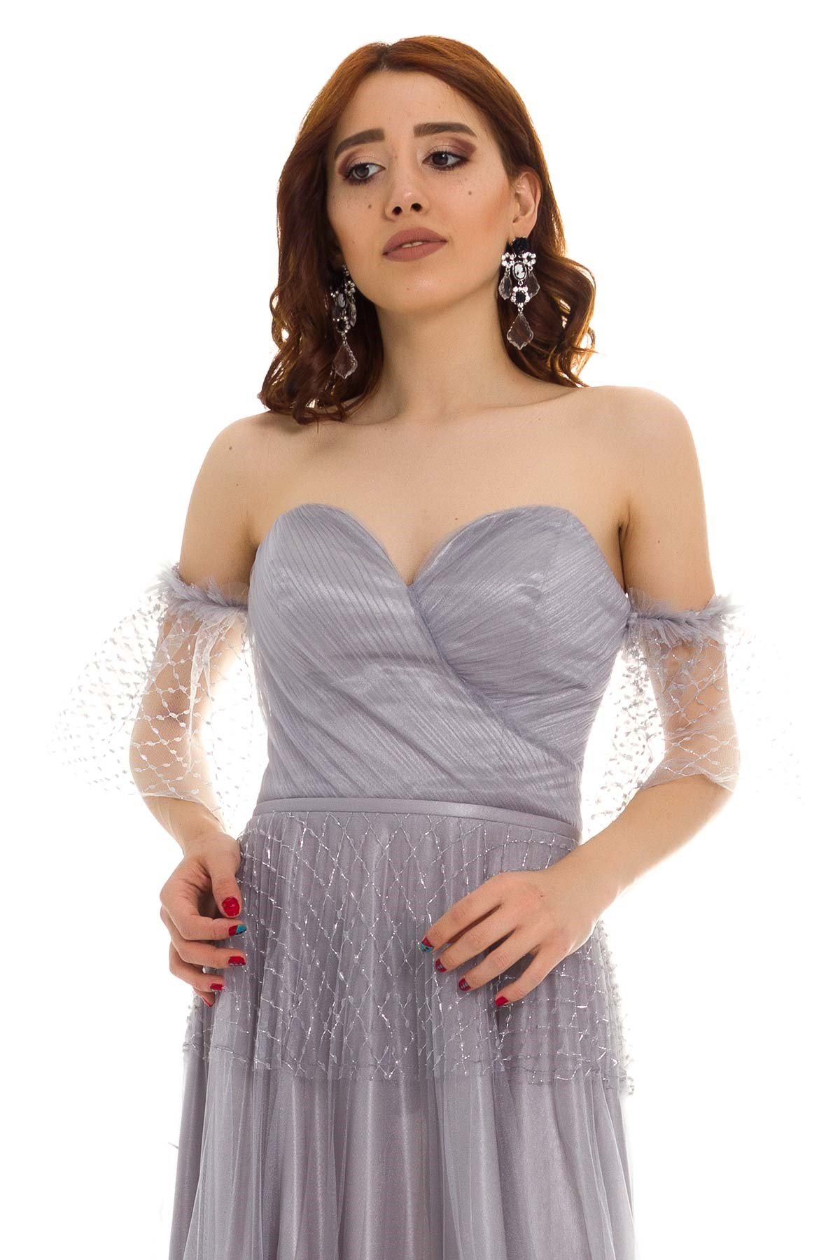 20129 KB Öpücük Yaka Simli Tül Prenses Uzun Elbise