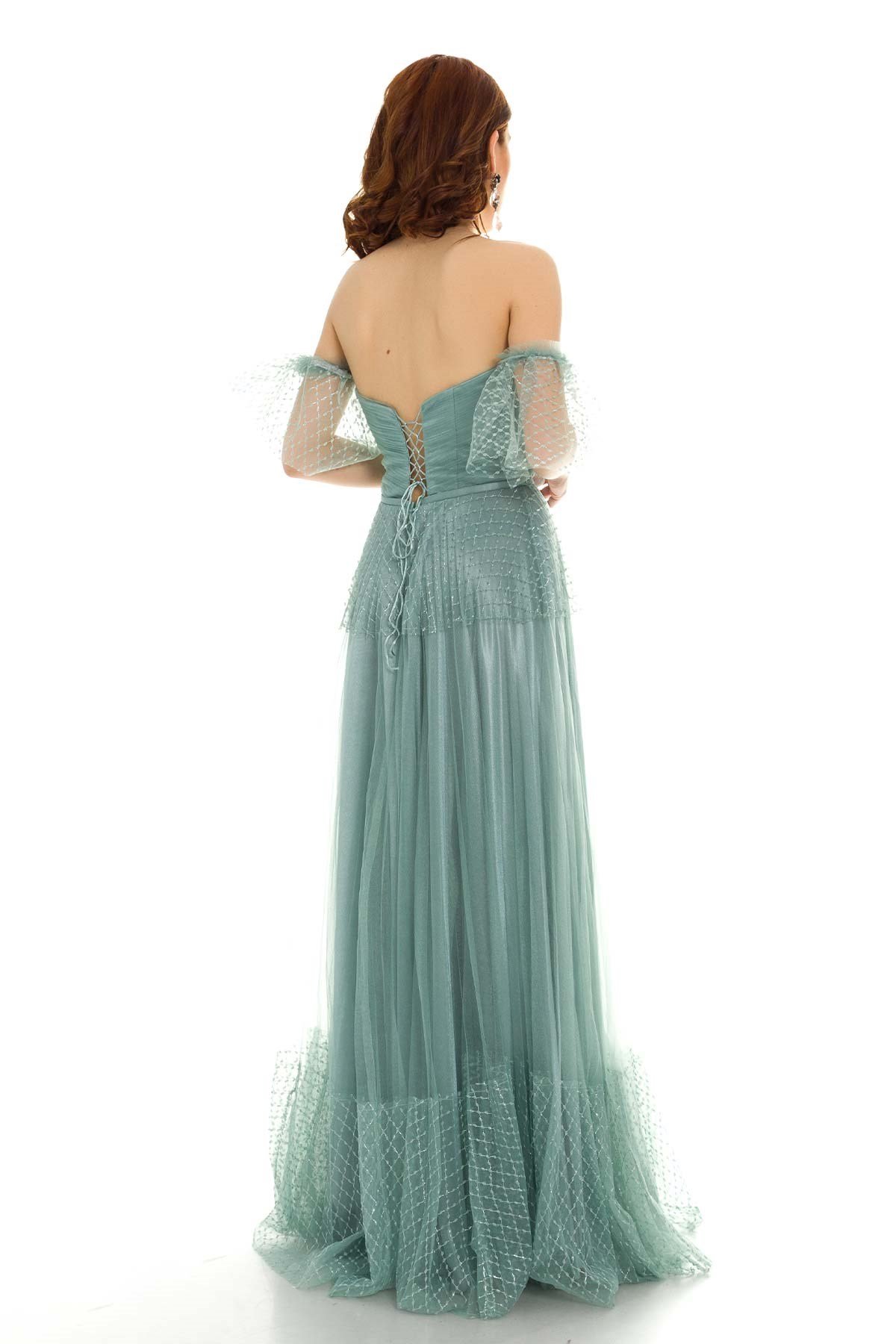 20129 KB Öpücük Yaka Simli Tül Prenses Uzun Elbise