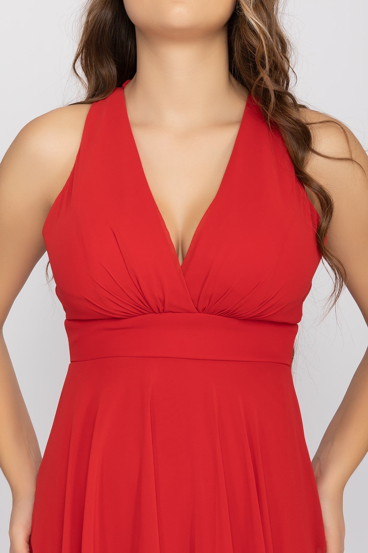 2013 KB Kruvaze Yaka Sırtı Çapraz Tül Uzun Şifon Elbise