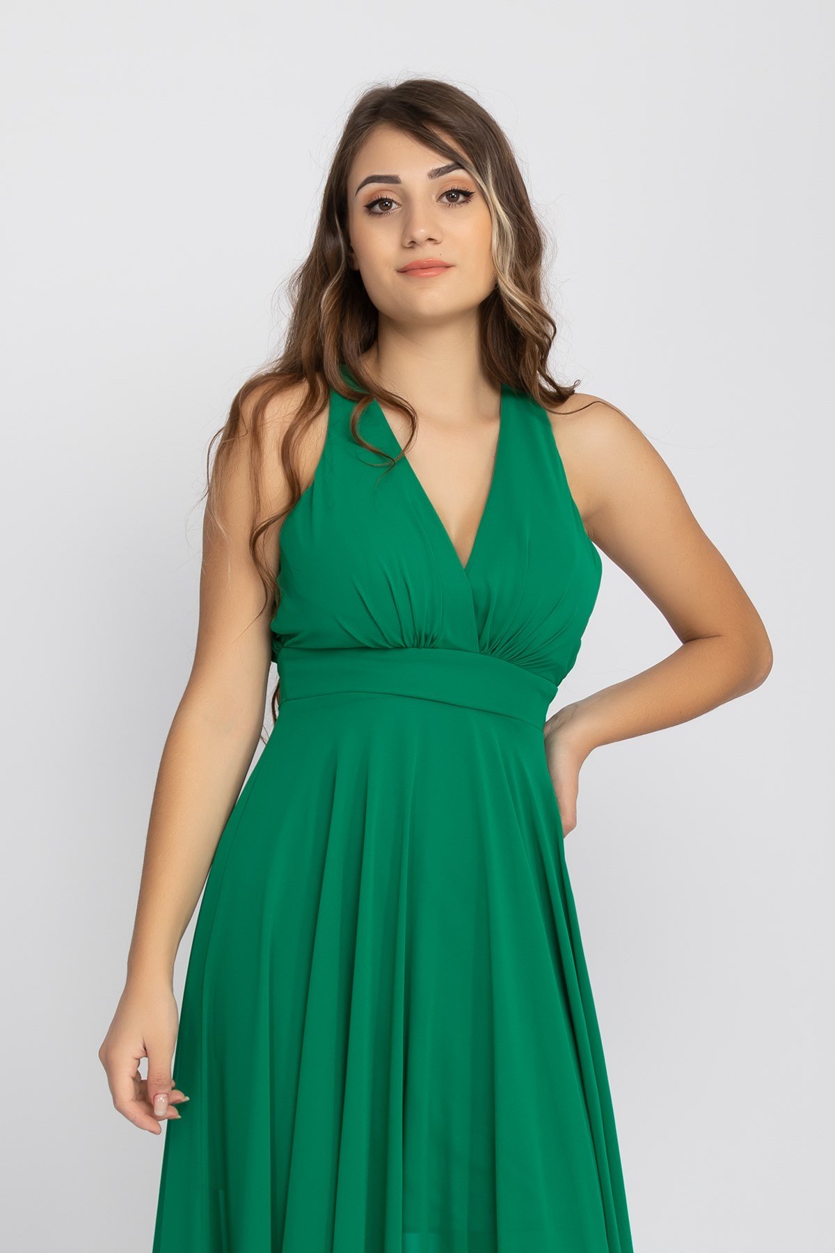 2013 KB Kruvaze Yaka Sırtı Çapraz Tül Uzun Şifon Elbise