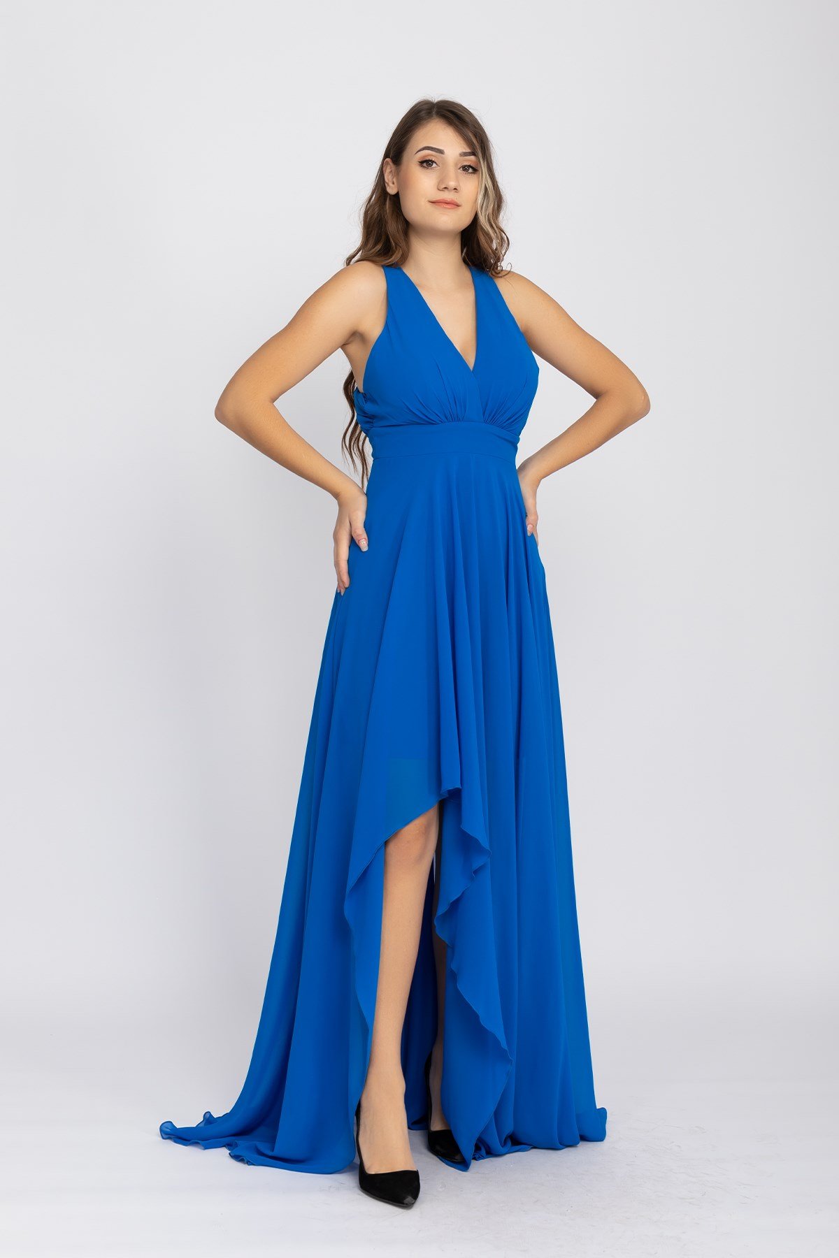 2013 KB Kruvaze Yaka Sırtı Çapraz Tül Uzun Şifon Elbise