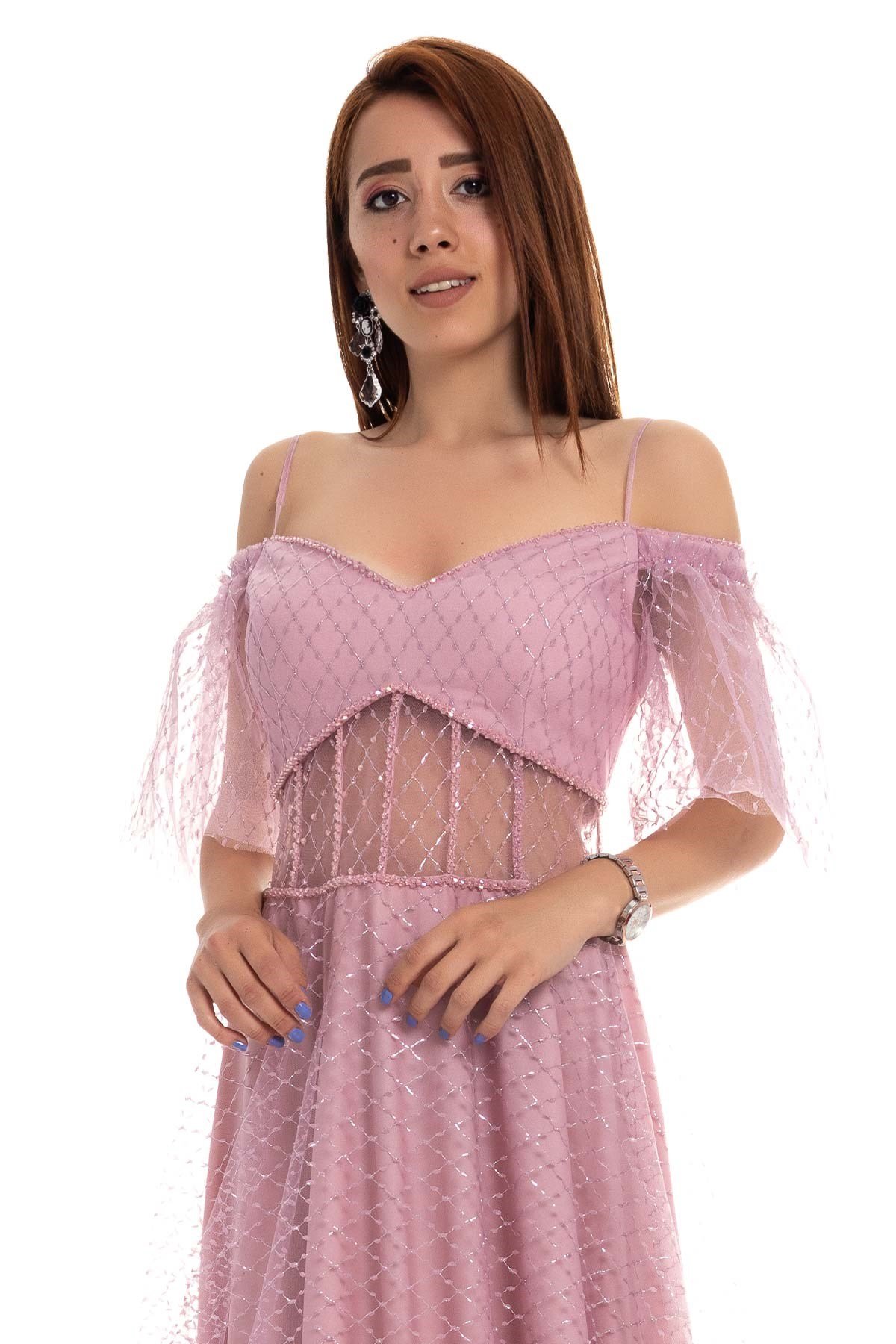 20177 KB Madonna Yaka Transparan Detay Simli Tül Elbise