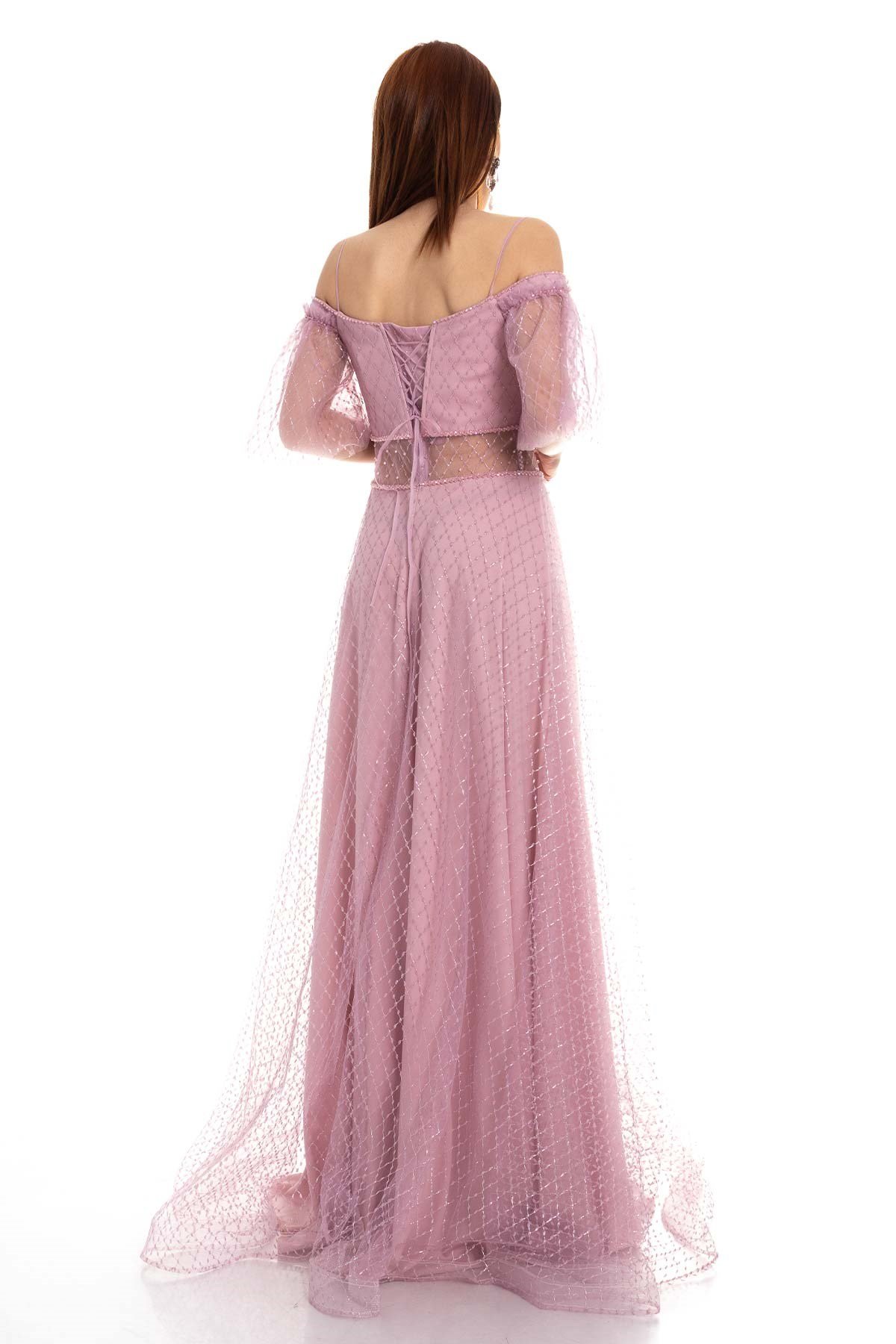 20177 KB Madonna Yaka Transparan Detay Simli Tül Elbise